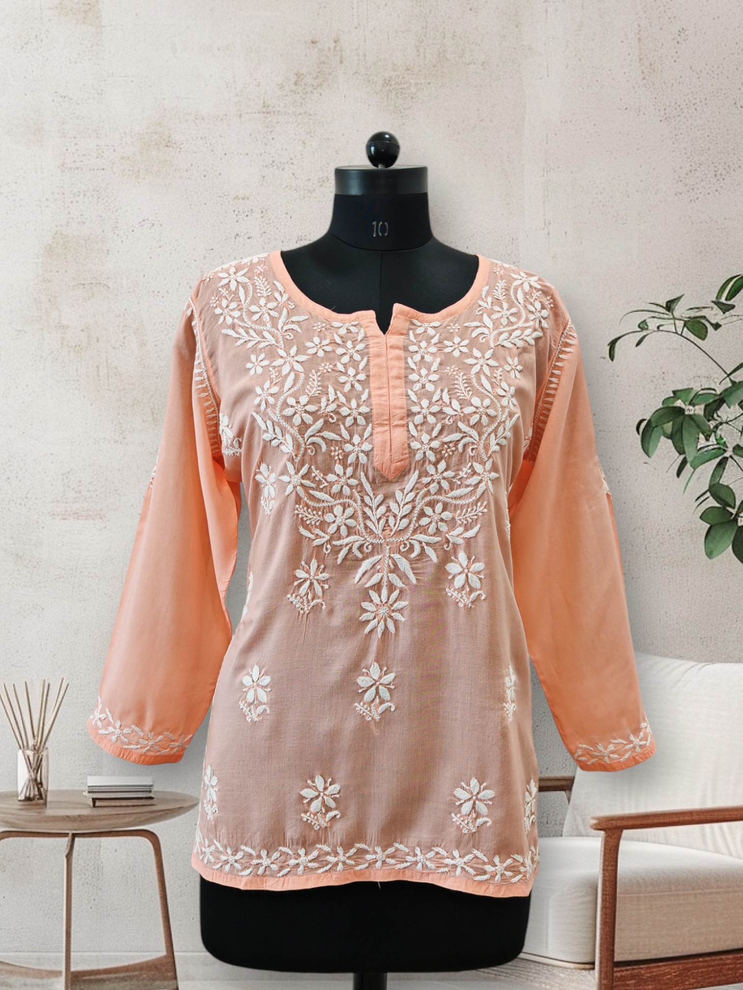 lucknowi chickankari short top peach