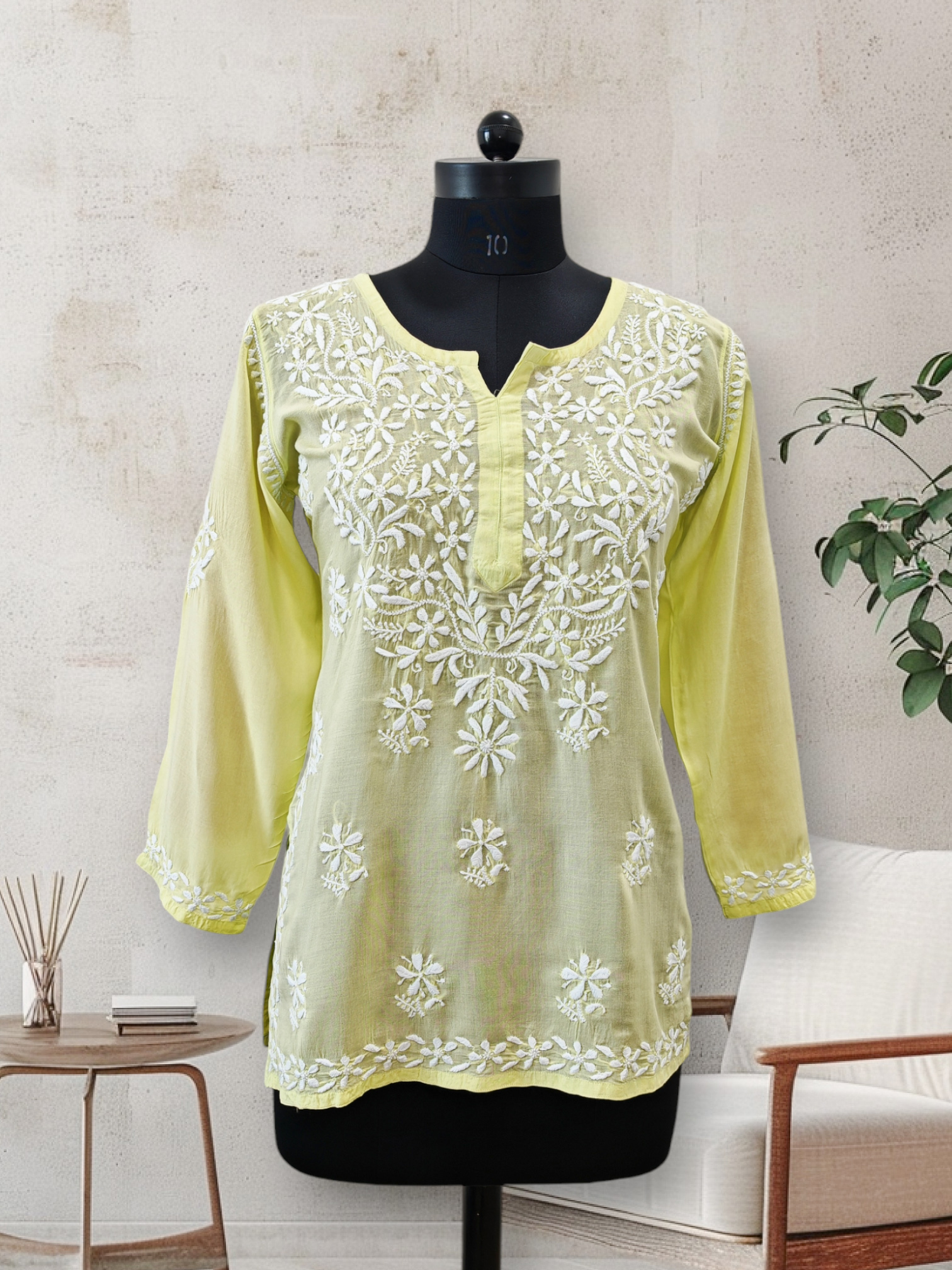 lucknowi chickankari short top yellow