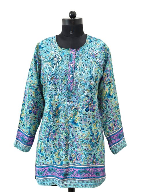 Crepe Turquoise blue Floral Print with Embroidery Tunic Top