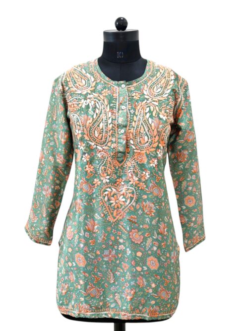 Crepe Olive Green Orange Floral Print with Embroidery Tunic Top