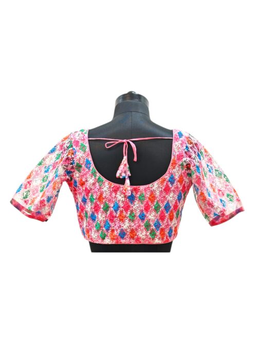 Multicolor Embroidery with Transparent Chamki work - Pink - Elbow Sleeve Blouse