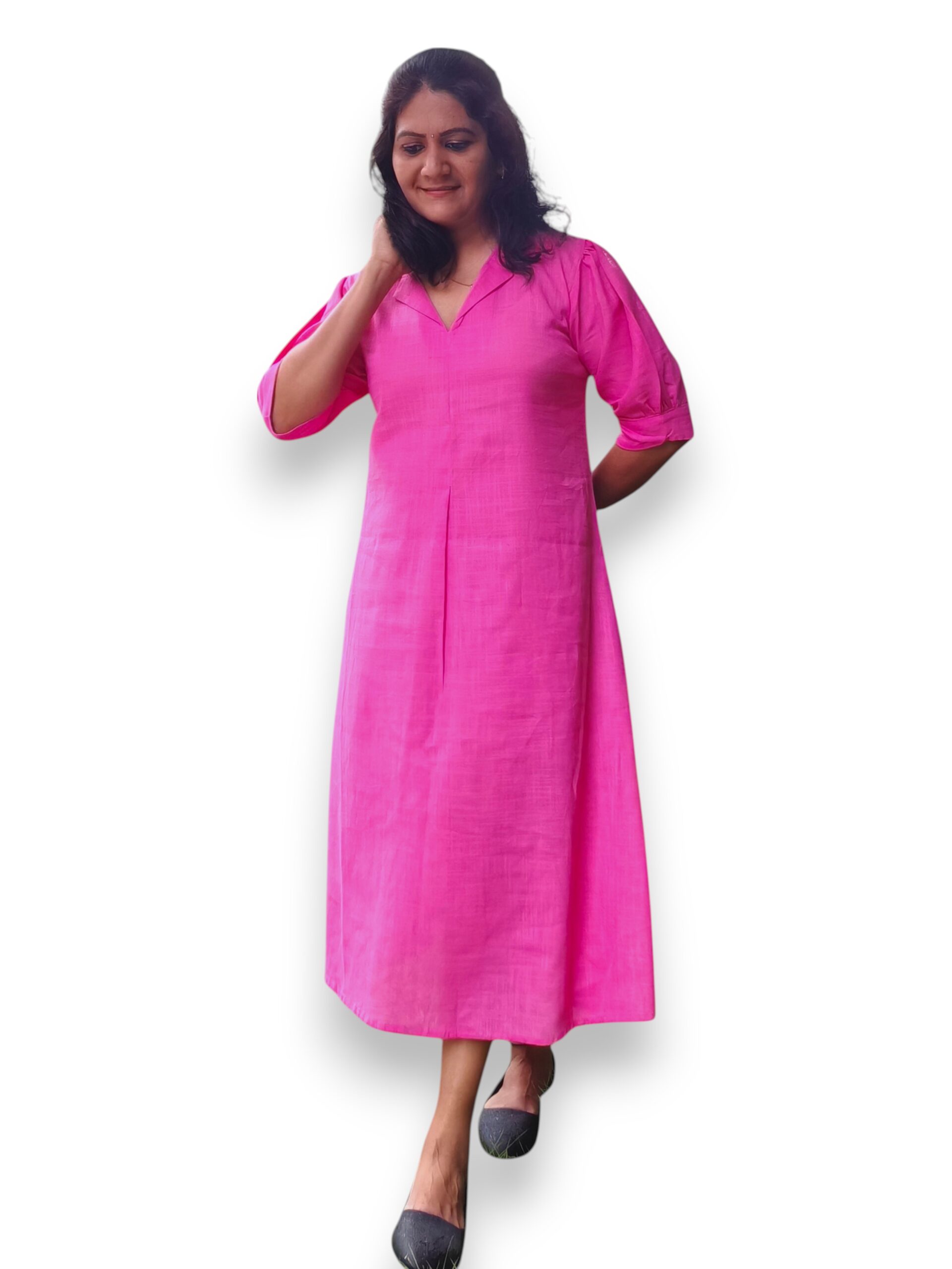 Pink Cotton Coat Collar A line Dress - Poovizhi Pink Cotton Coat Collar A line Dress - Poovizhi