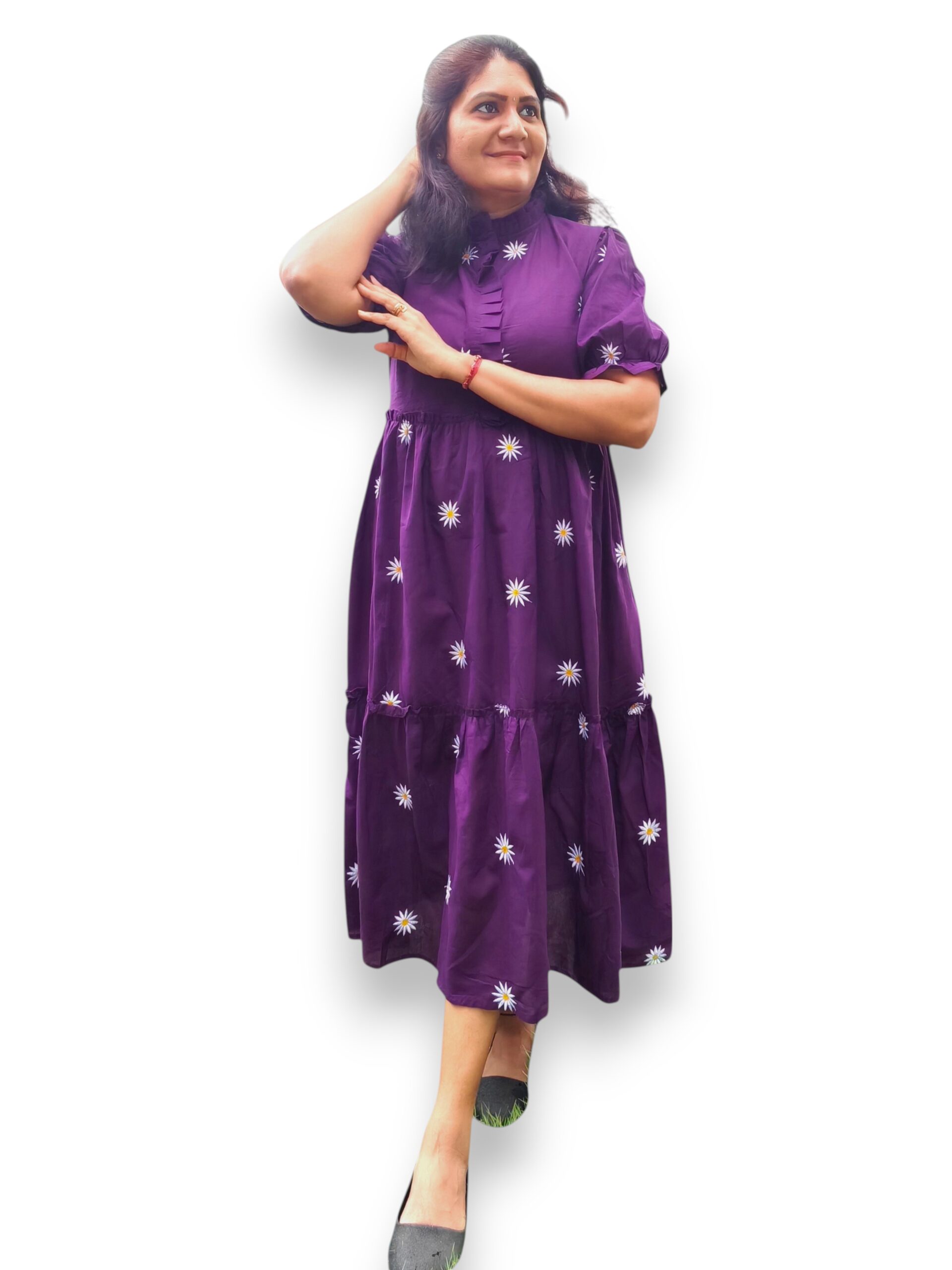 Purple Cotton Tired Gathered Dress