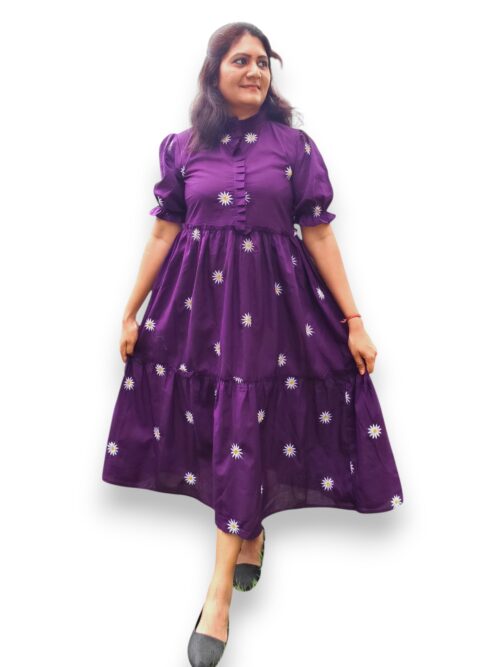 Purple Cotton Gathered Tired Frock with Collar Neck - Madhimalar
