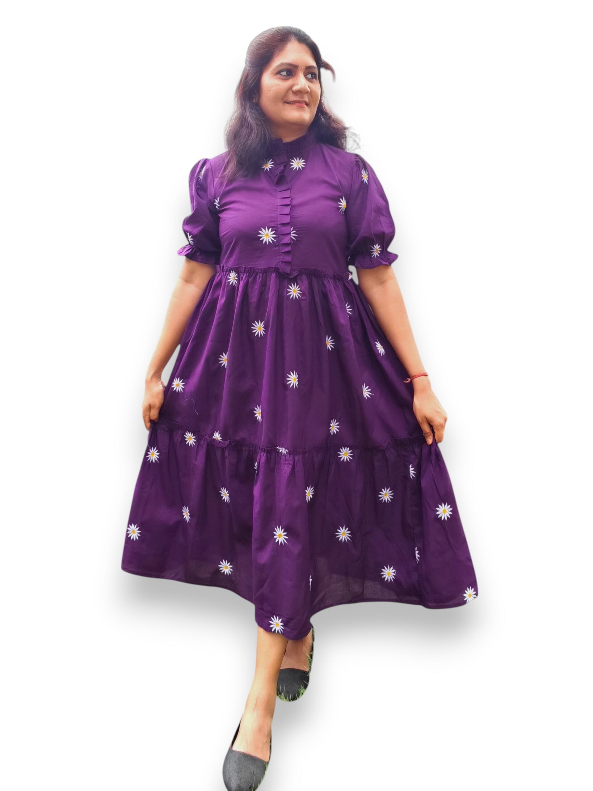 Purple Cotton Gathered Tired Frock with Collar Neck - Madhimalar Purple Cotton Gathered Tired Frock with Collar Neck - Madhimalar