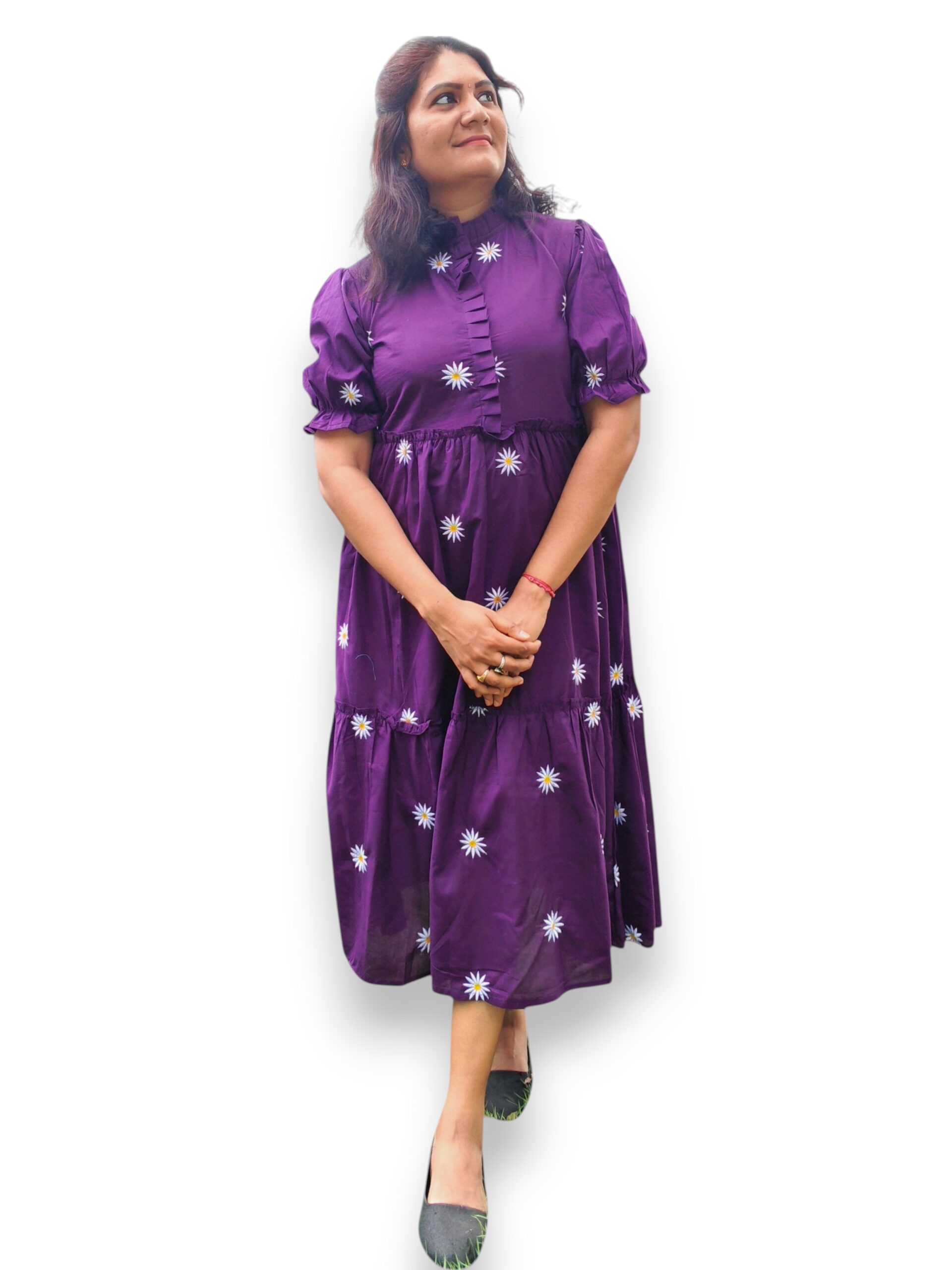 Purple Cotton Tired Gathered Dress