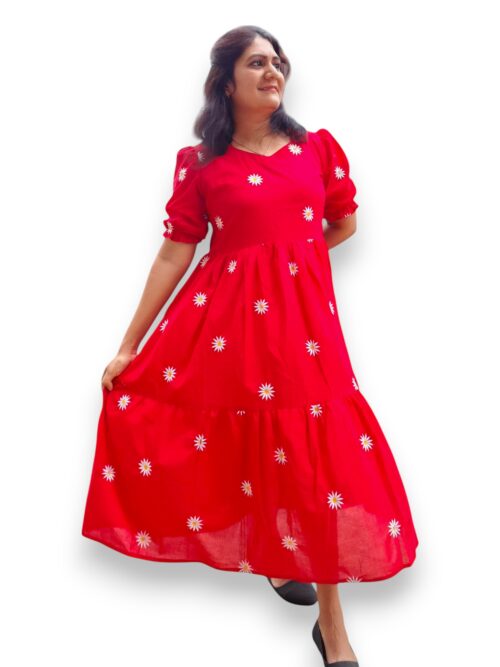 Red Cotton Gathered Tired Frock - Semmalar