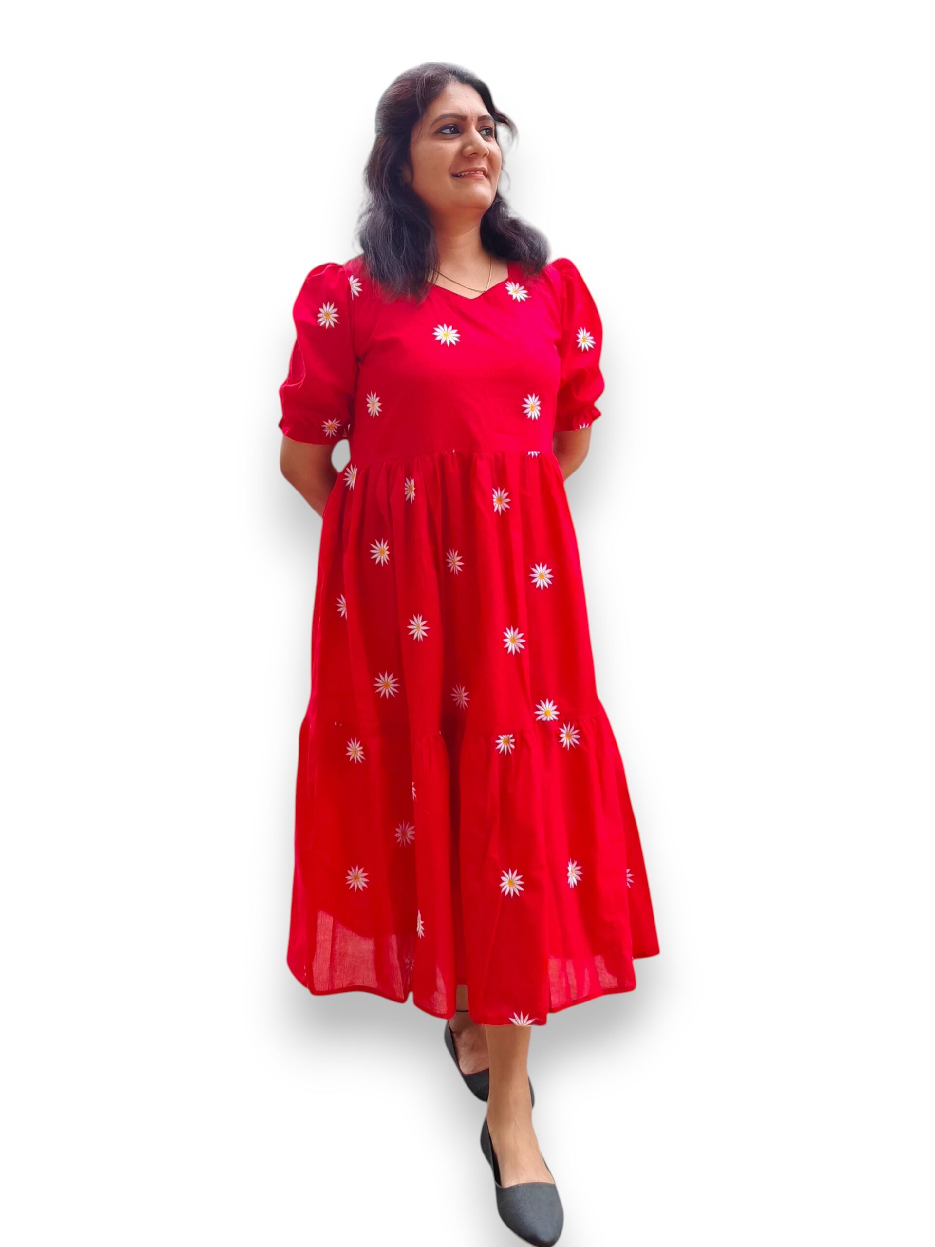 Red Cotton Tired Gathered Dress