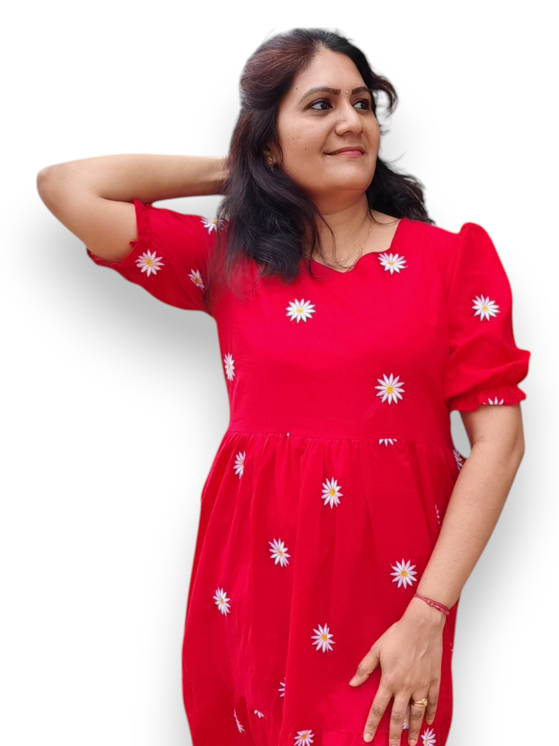 Red Cotton Tired Gathered Dress