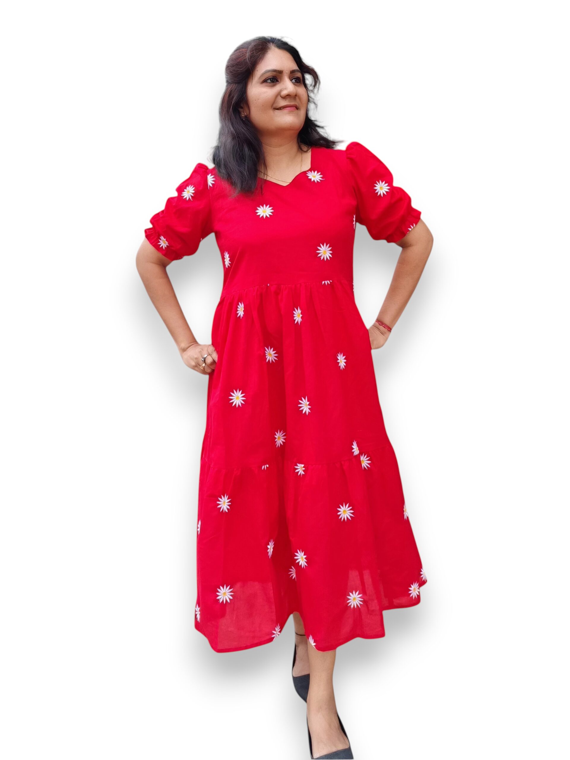 Red Cotton Tired Gathered Dress