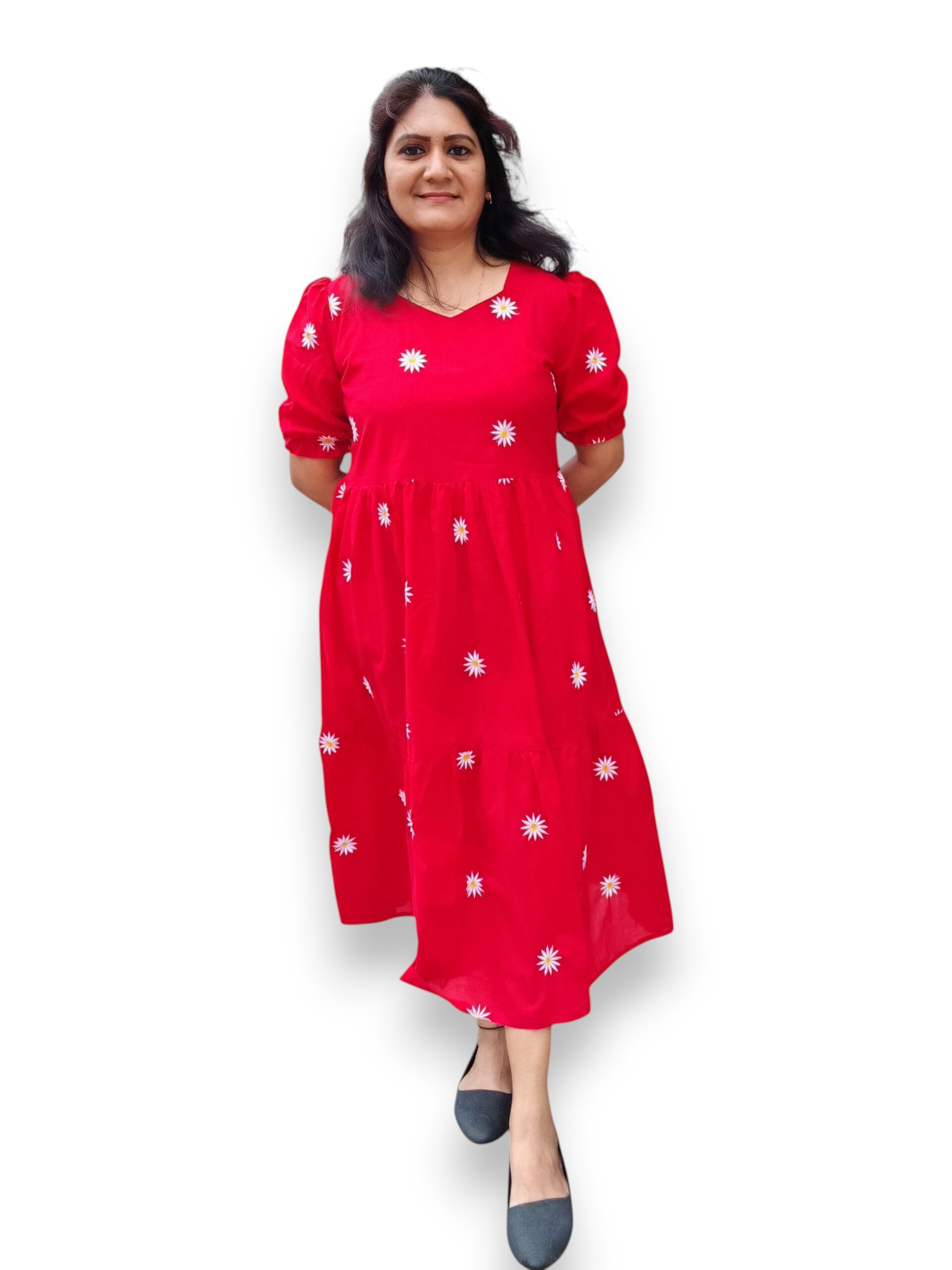 Red Cotton Tired Gathered Dress