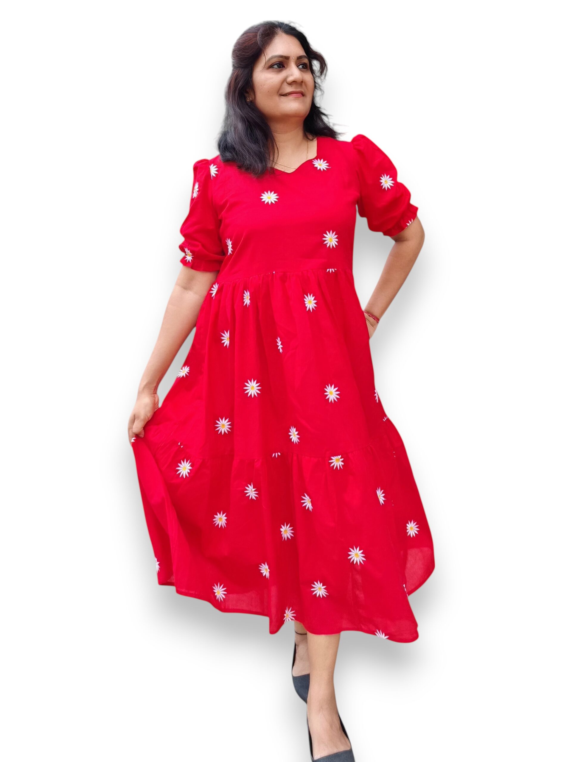 Red Cotton Tired Gathered Dress