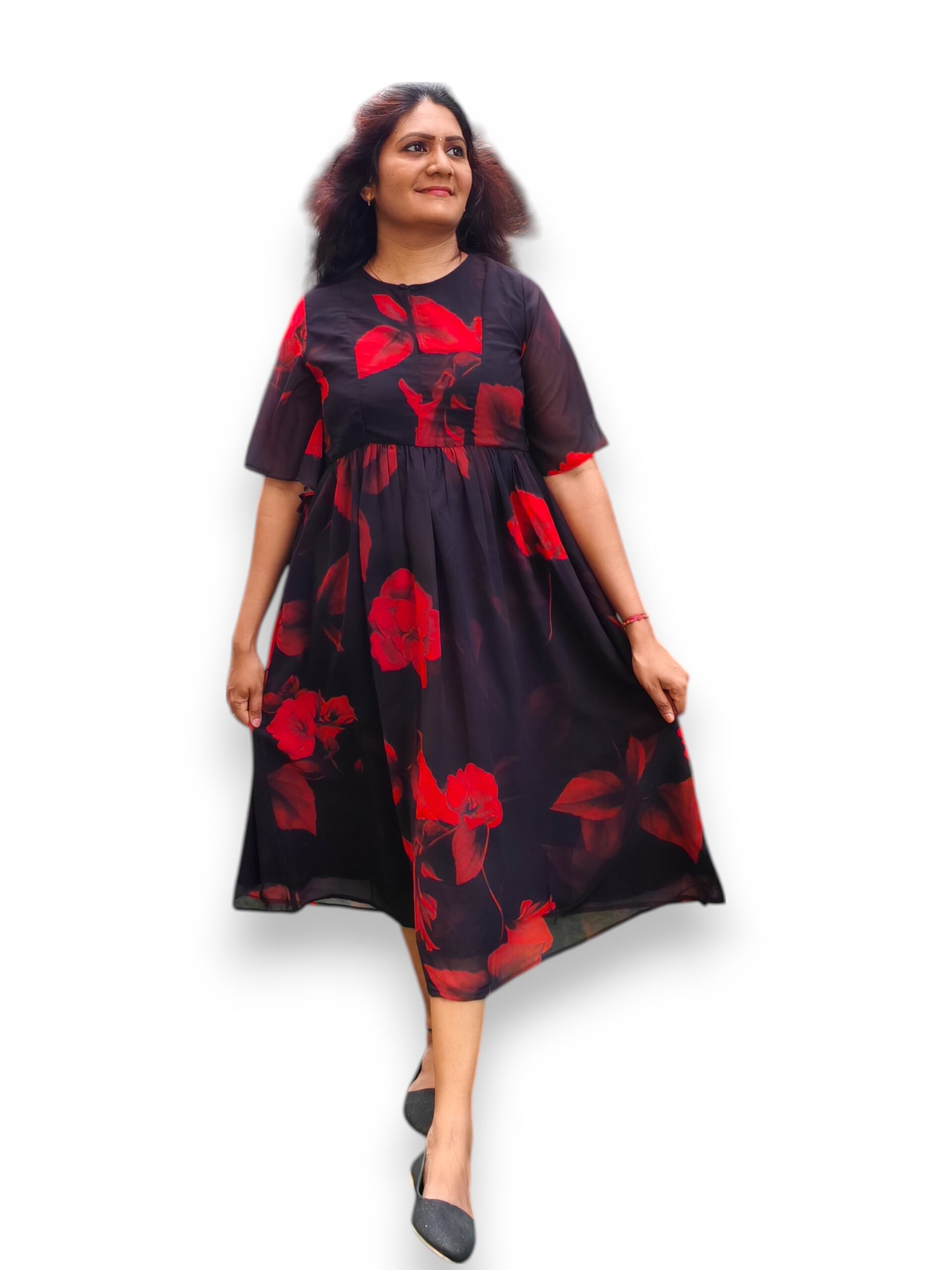 Black and Red Georgette Gathered Dress