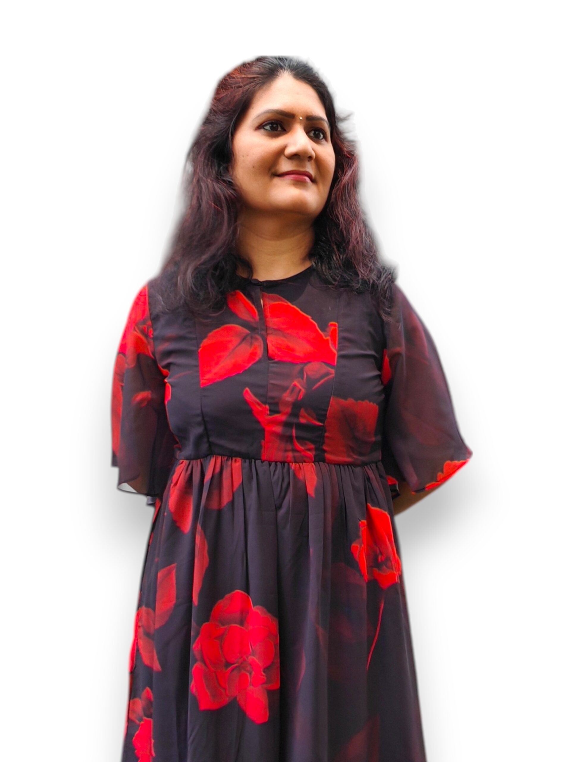 Black and Red Georgette Gathered Dress