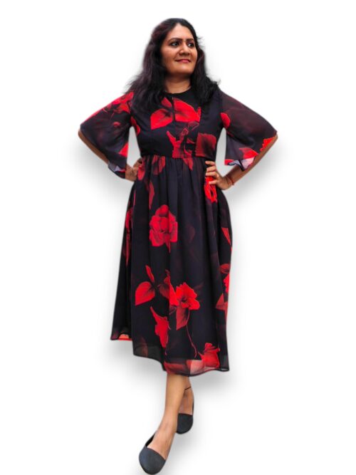 Kariya - Black & Red - Georgette Gathered Dress