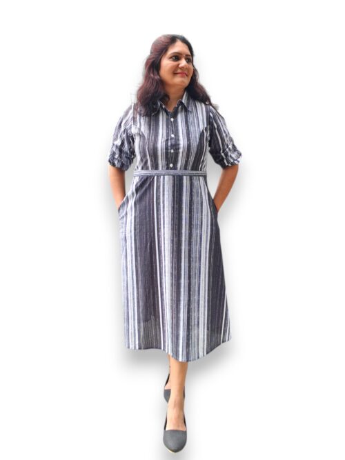 Kadalnila - Popcorn Fabric - Black & White Striped A line Dress With Illusion Belt