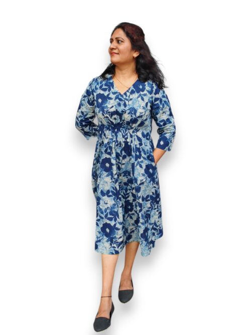Neelavaani - Cotton - Navy Blue & Beige A line Dress with Waist Elastic