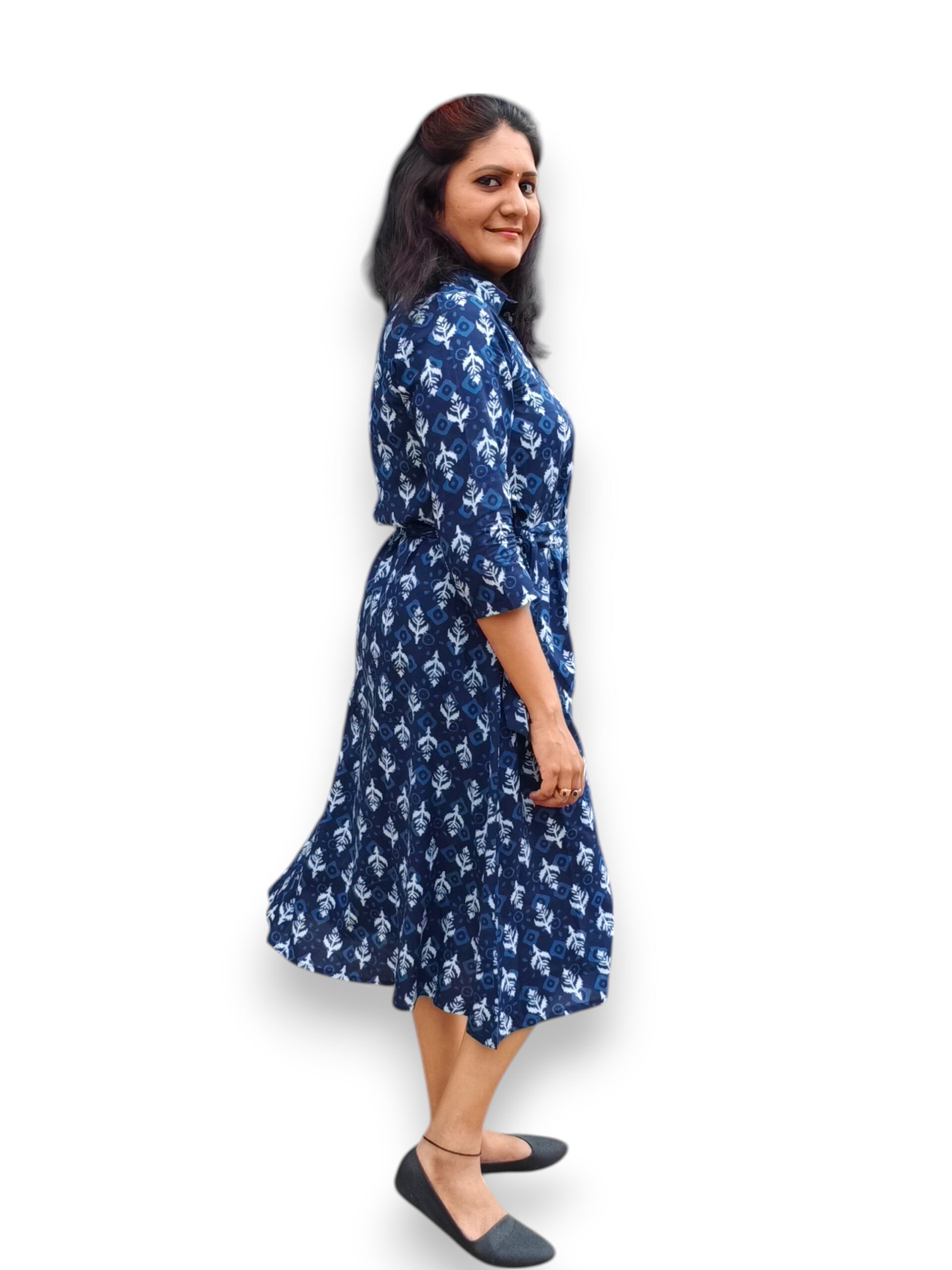 Navy Blue Collar Cotton A line Dress
