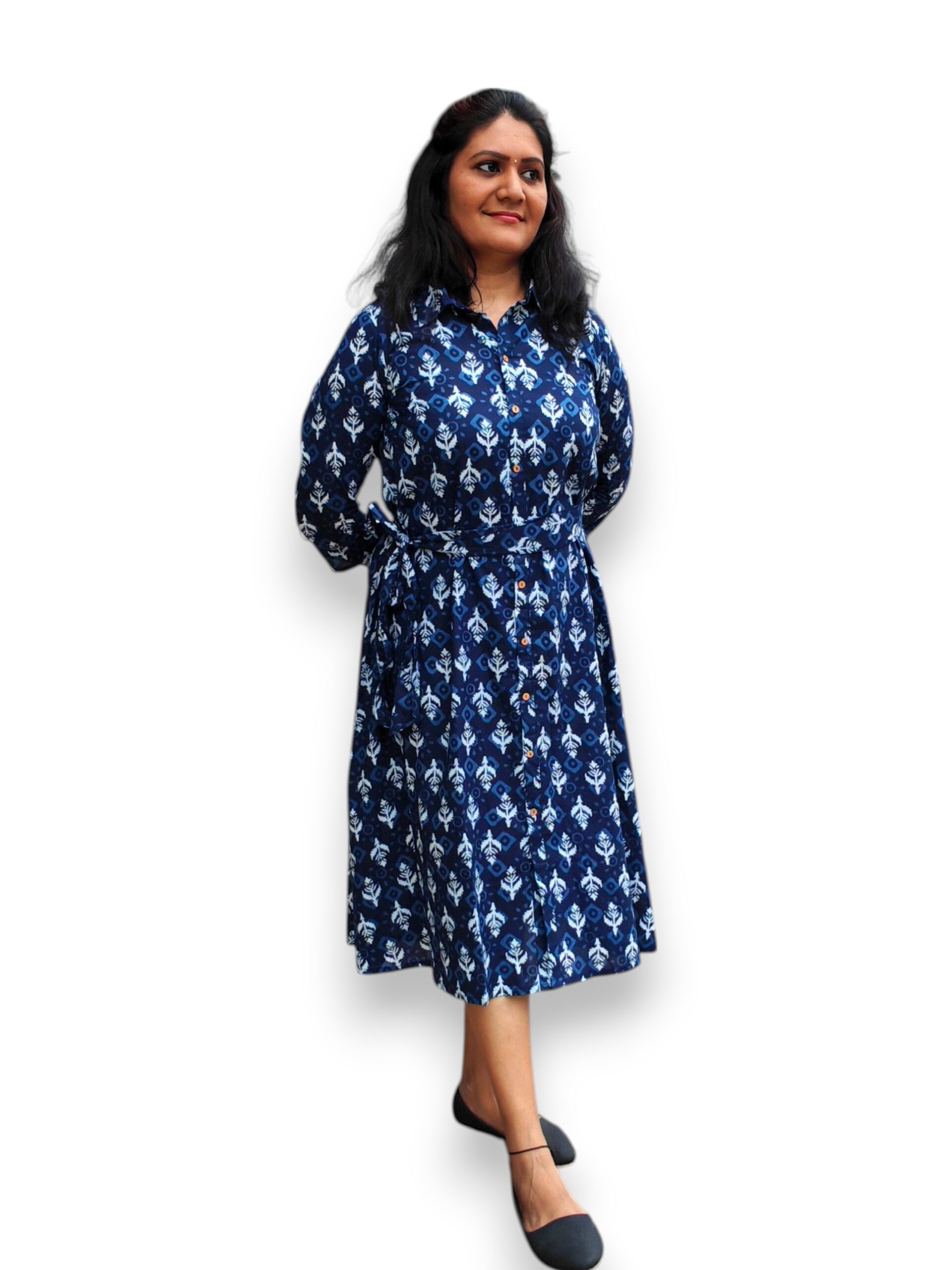 Navy Blue Collar Cotton A line Dress
