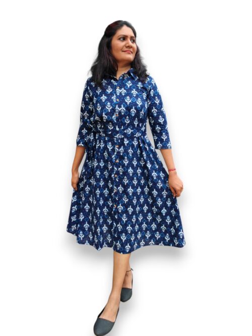 Nilaa - Cotton - Shirt Collar A line Dress With Attached Waist Tie