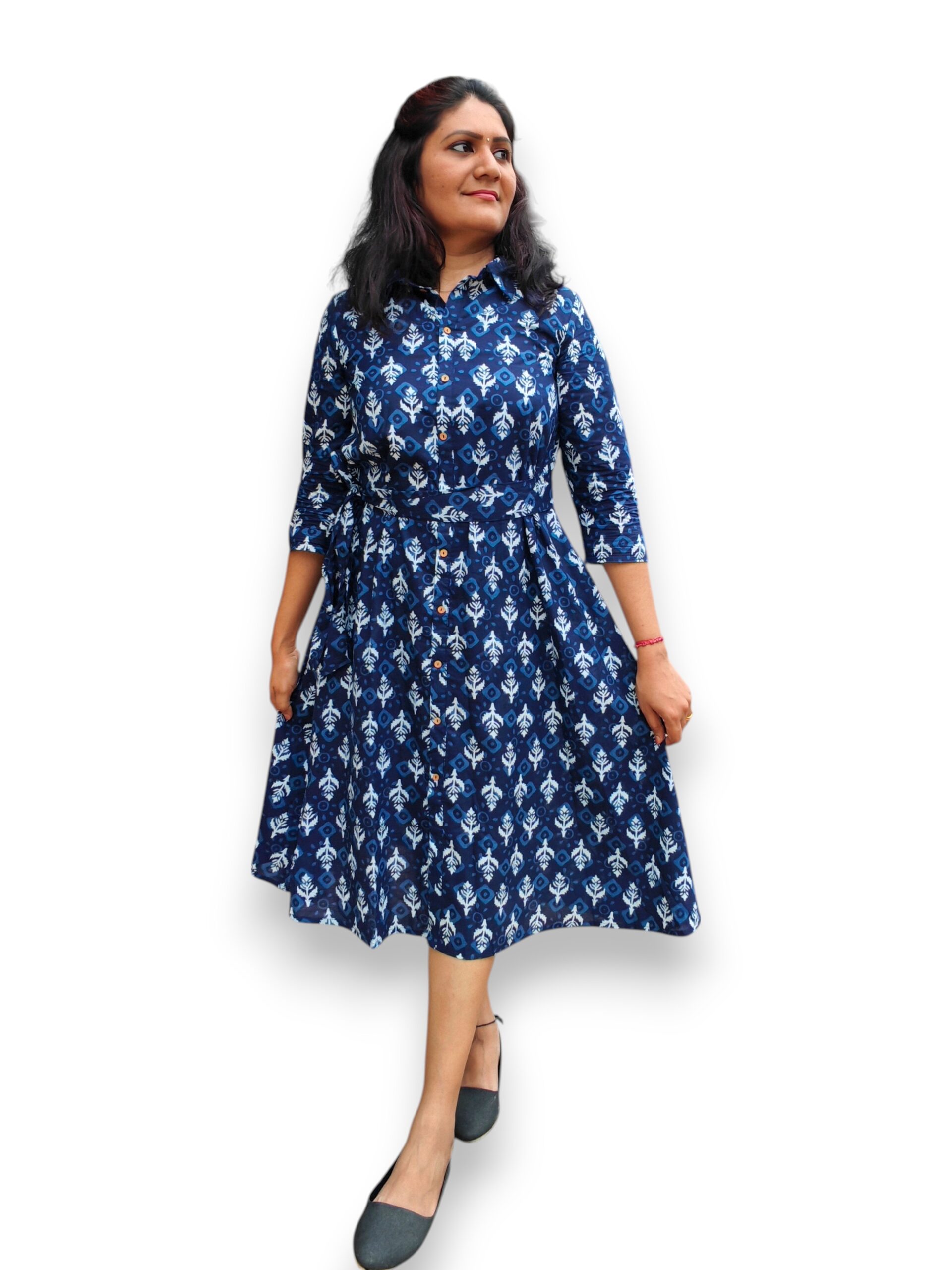 Nilaa - Cotton - Shirt Collar A line Dress With Attached Waist Tie Nilaa - Cotton - Shirt Collar A line Dress With Attached Waist Tie