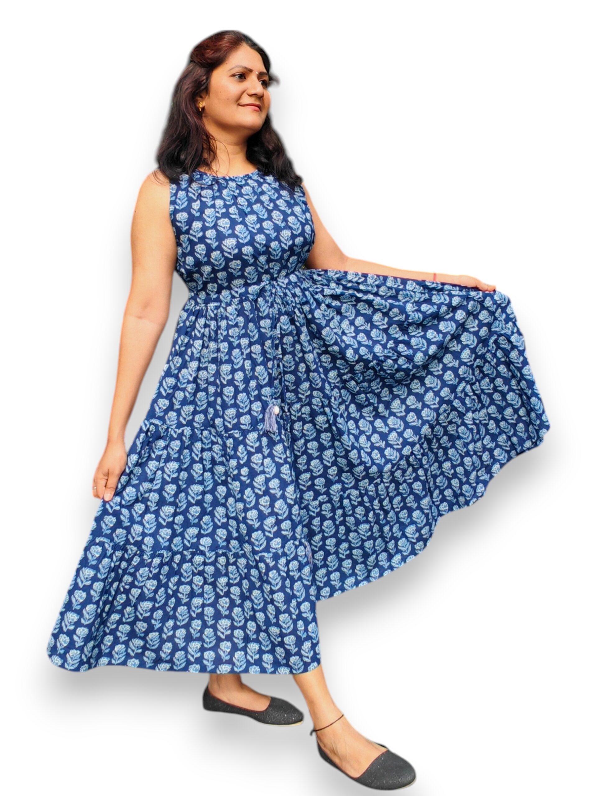 Neelamegam - Navy Blue - Cotton Fit and Flare 3 Tier Dress Neelamegam - Navy Blue - Cotton Fit and Flare 3 Tier Dress