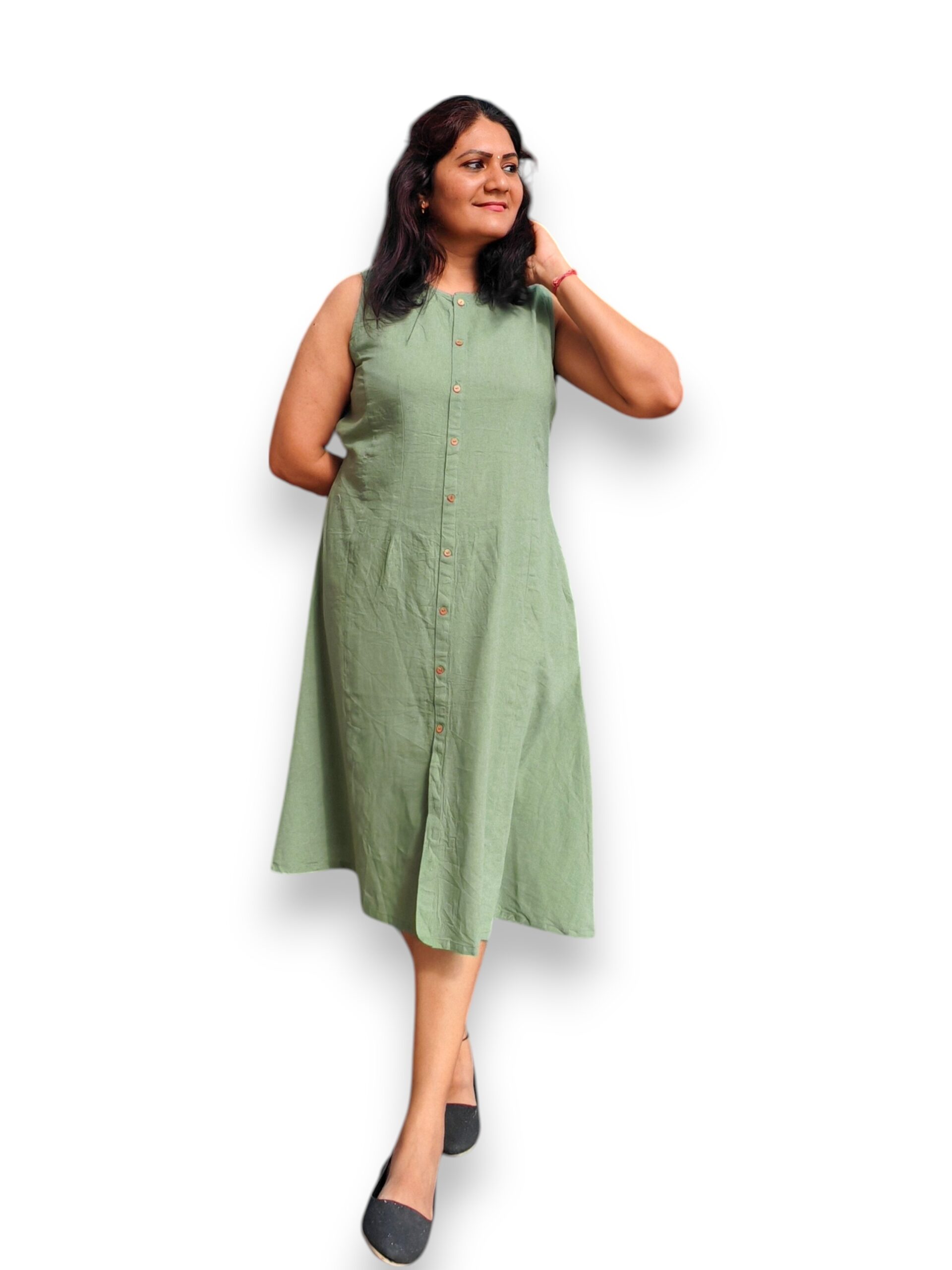 Olive Green Cotton Sleeveless A line Dress