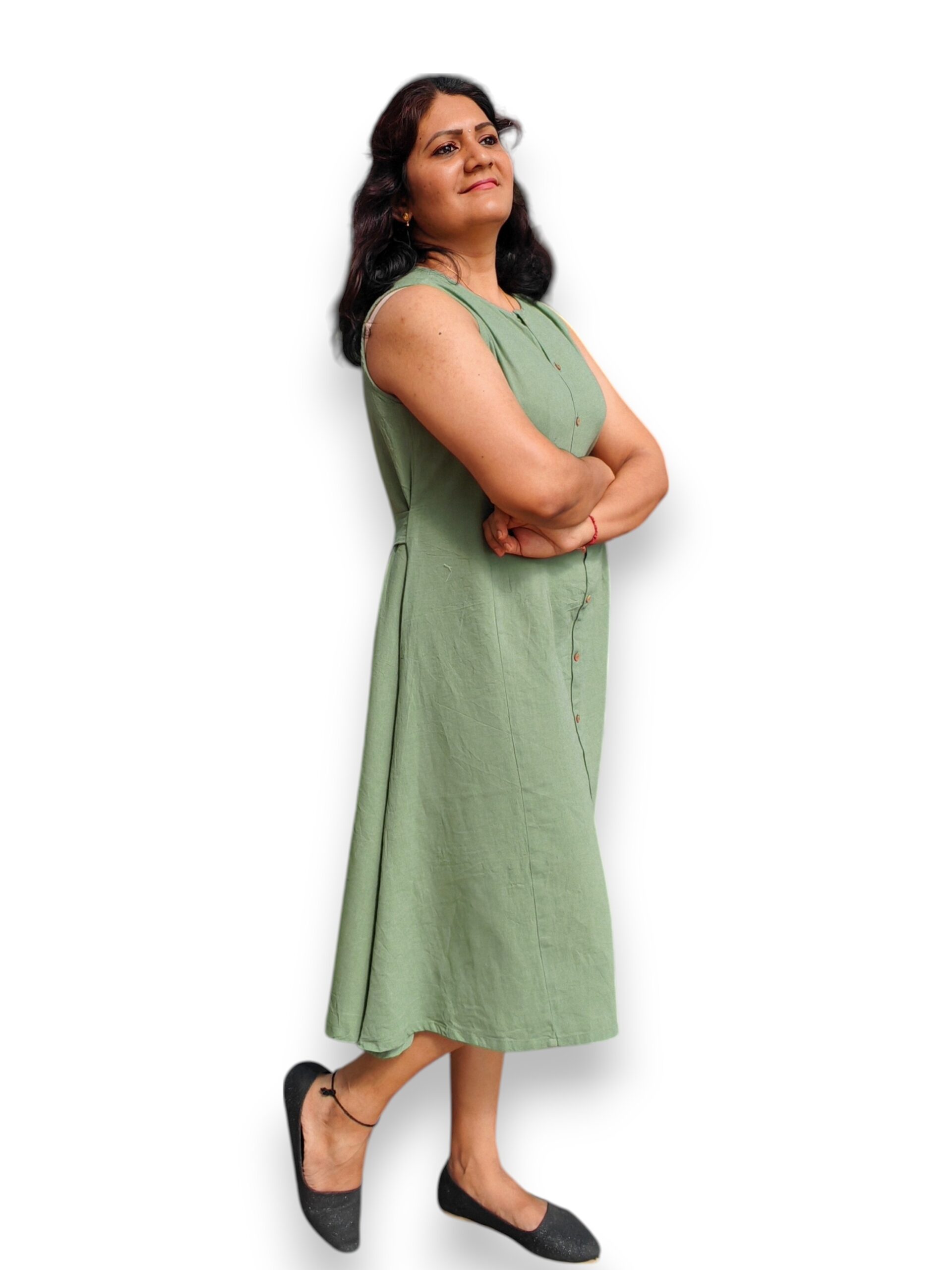 Olive Green Cotton Sleeveless A line Dress