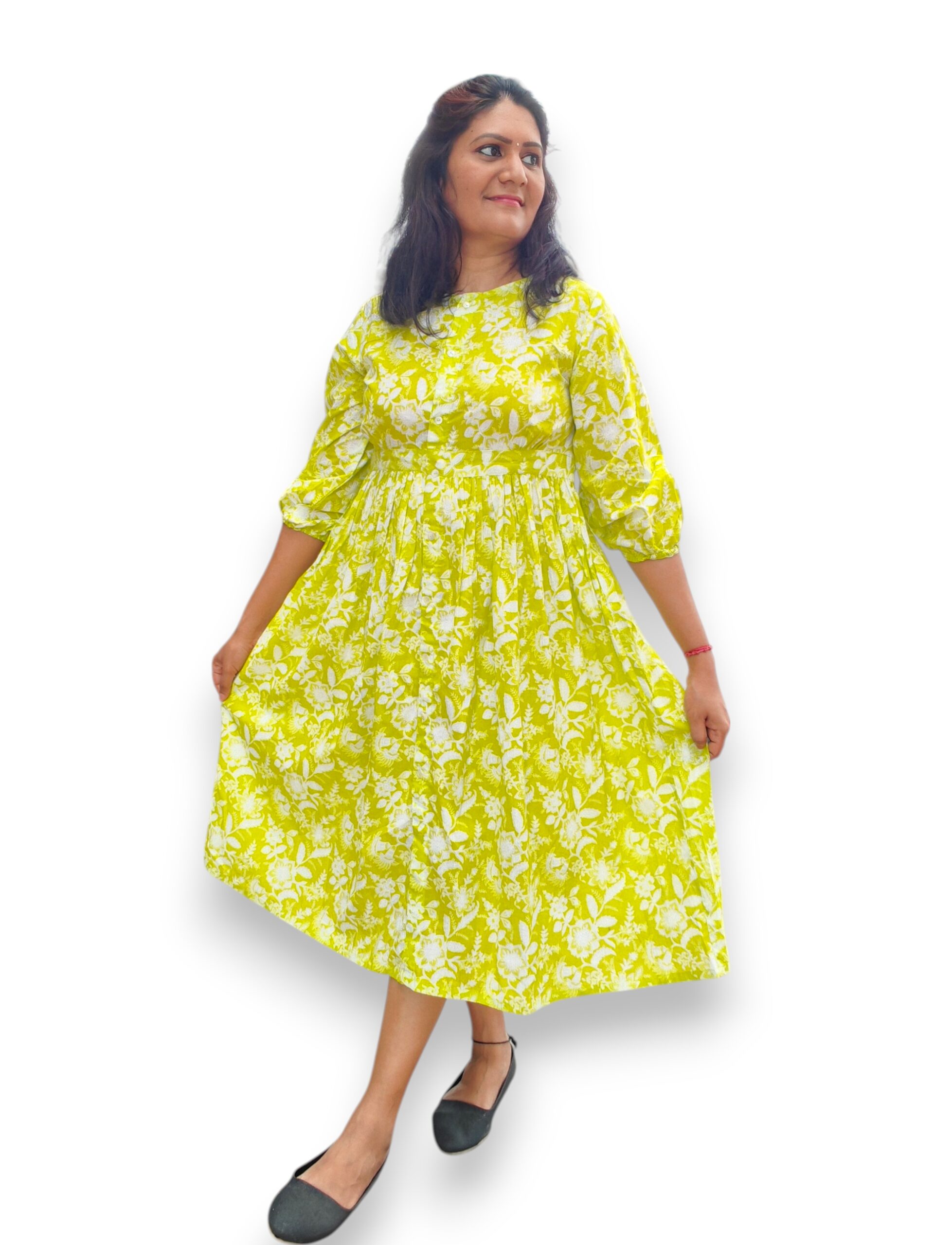 Yellow Green Cotton Fit & Flare Dress