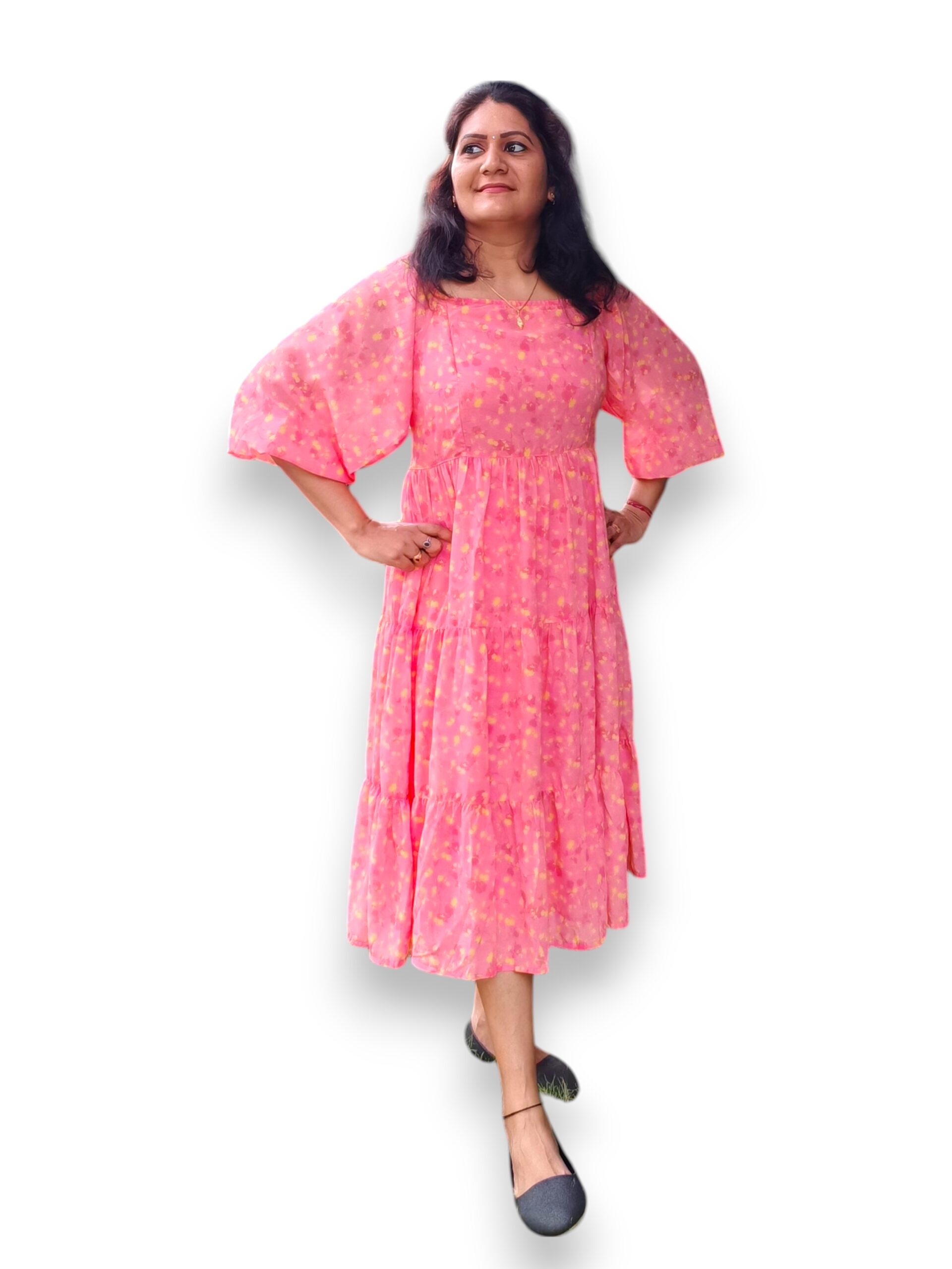 Peach and Yellow Floral Tiered Gathered Dress