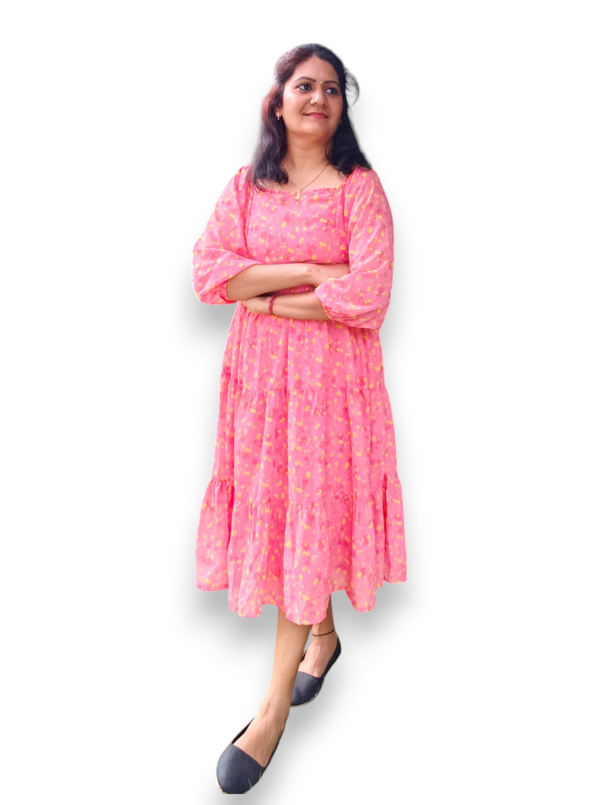 Peach and Yellow Floral Tiered Gathered Dress