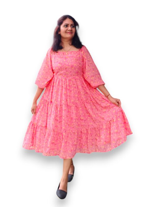 Pavalamalli - Peach and Yellow - Georgette 3 Tier Dress with Shirring Back