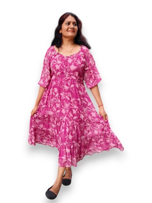 Manthari - Georgette - Mauve Pink 3 Tier Gathered Dress