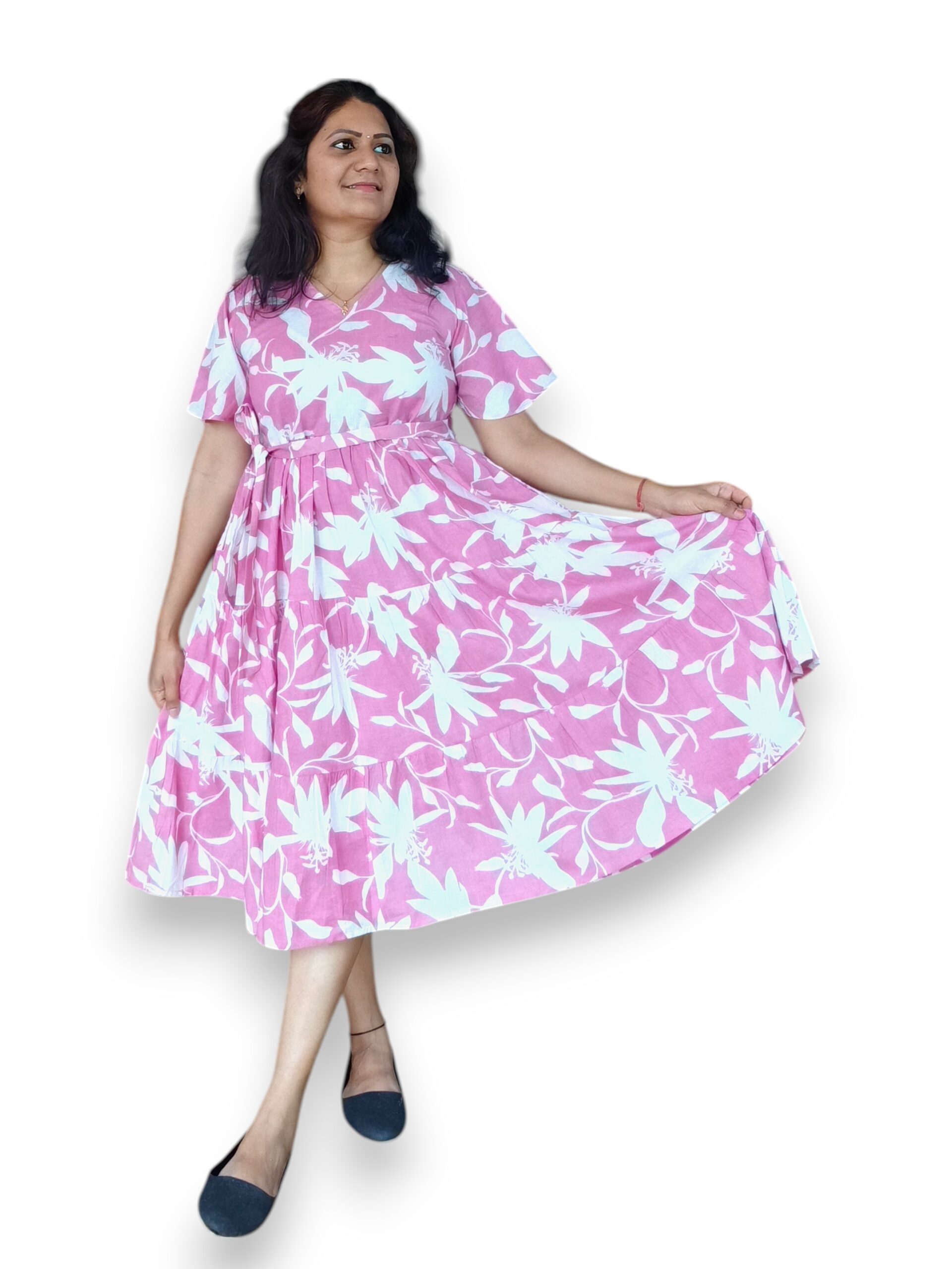 Pink and White Cotton 3 Tier Dress