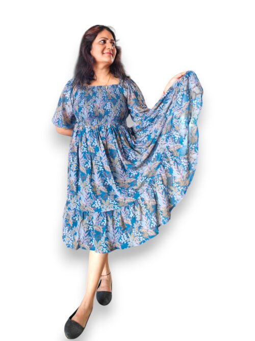 Mugilvaani - Teal Blue - Georgette Shirring Yoke Fit & Flare Dress