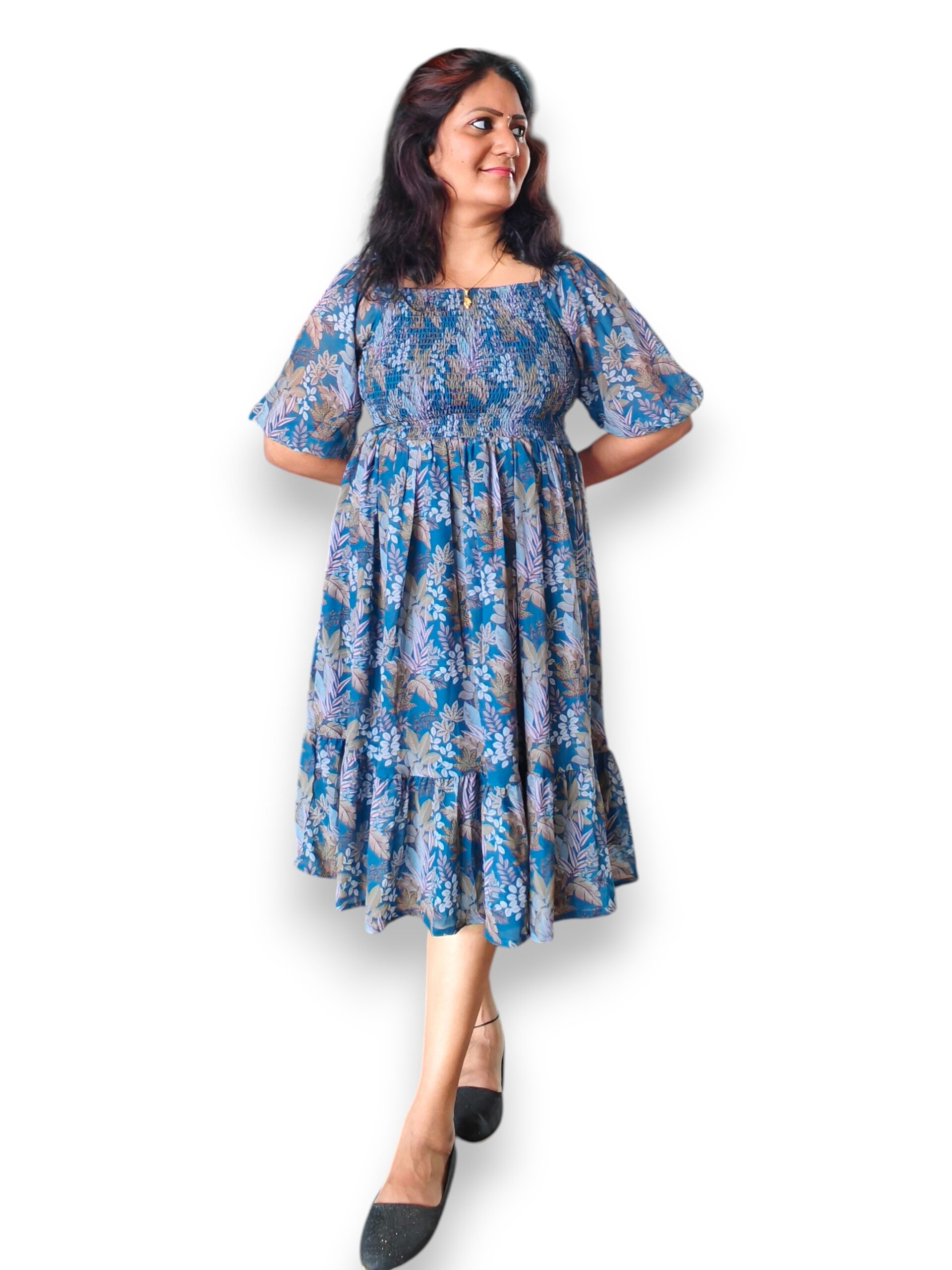 Teal Blue Georgette Fit & Flare 2 Tier Dress