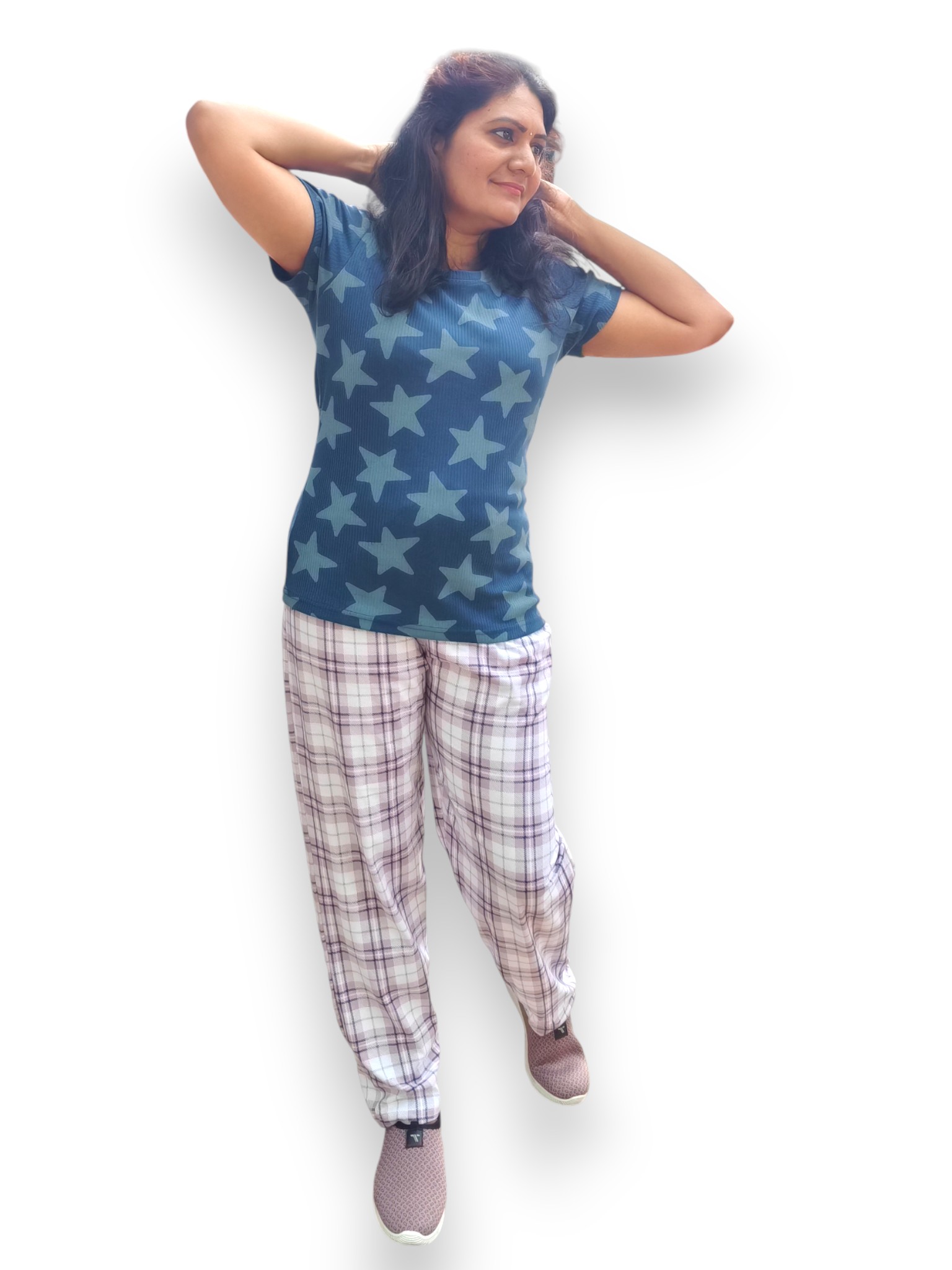Teal Blue With Star Print & Lavender Checked Pants Pyjama Set