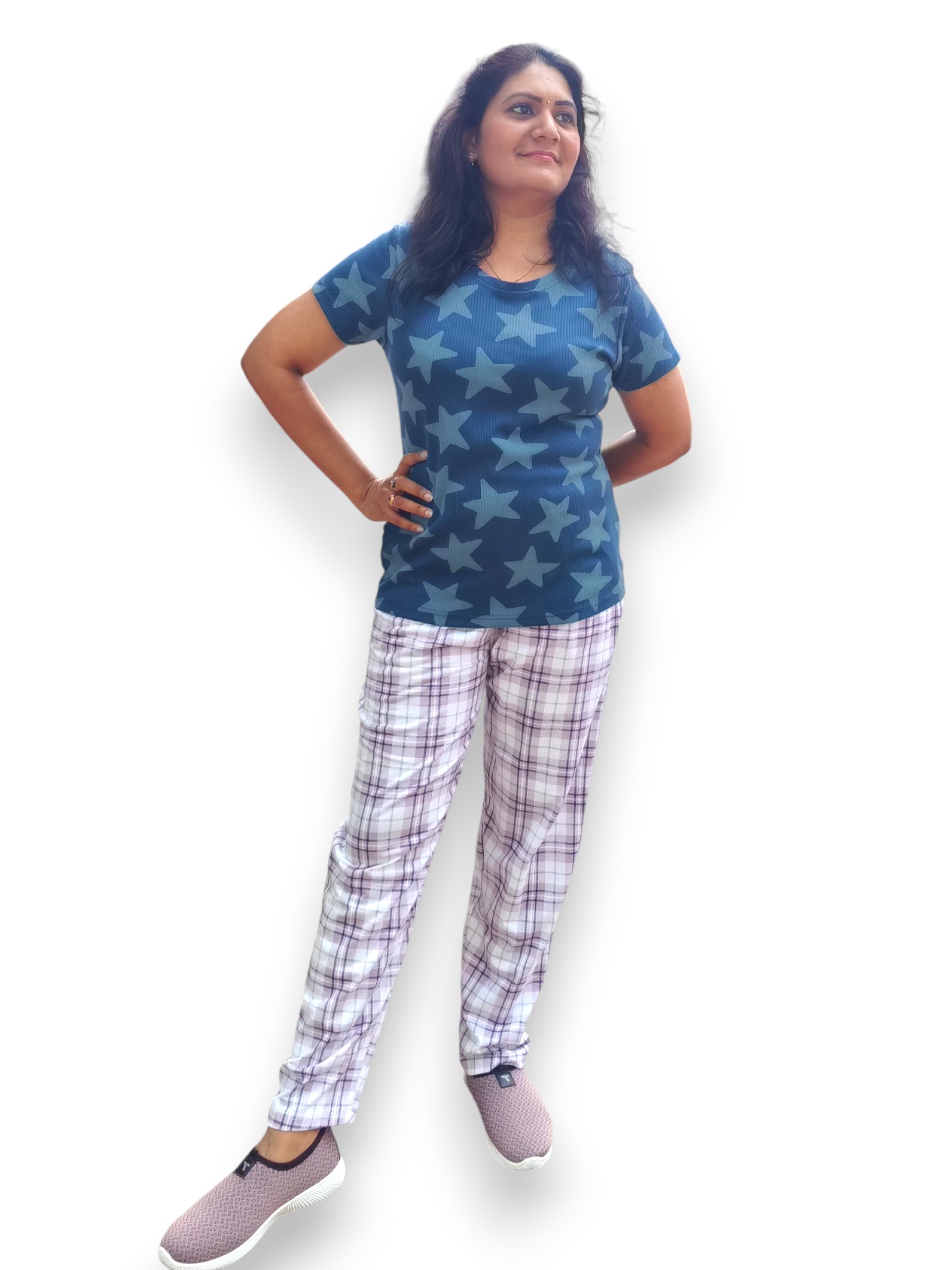 Teal Blue With Star Print & Lavender Checked Pants Pyjama Set