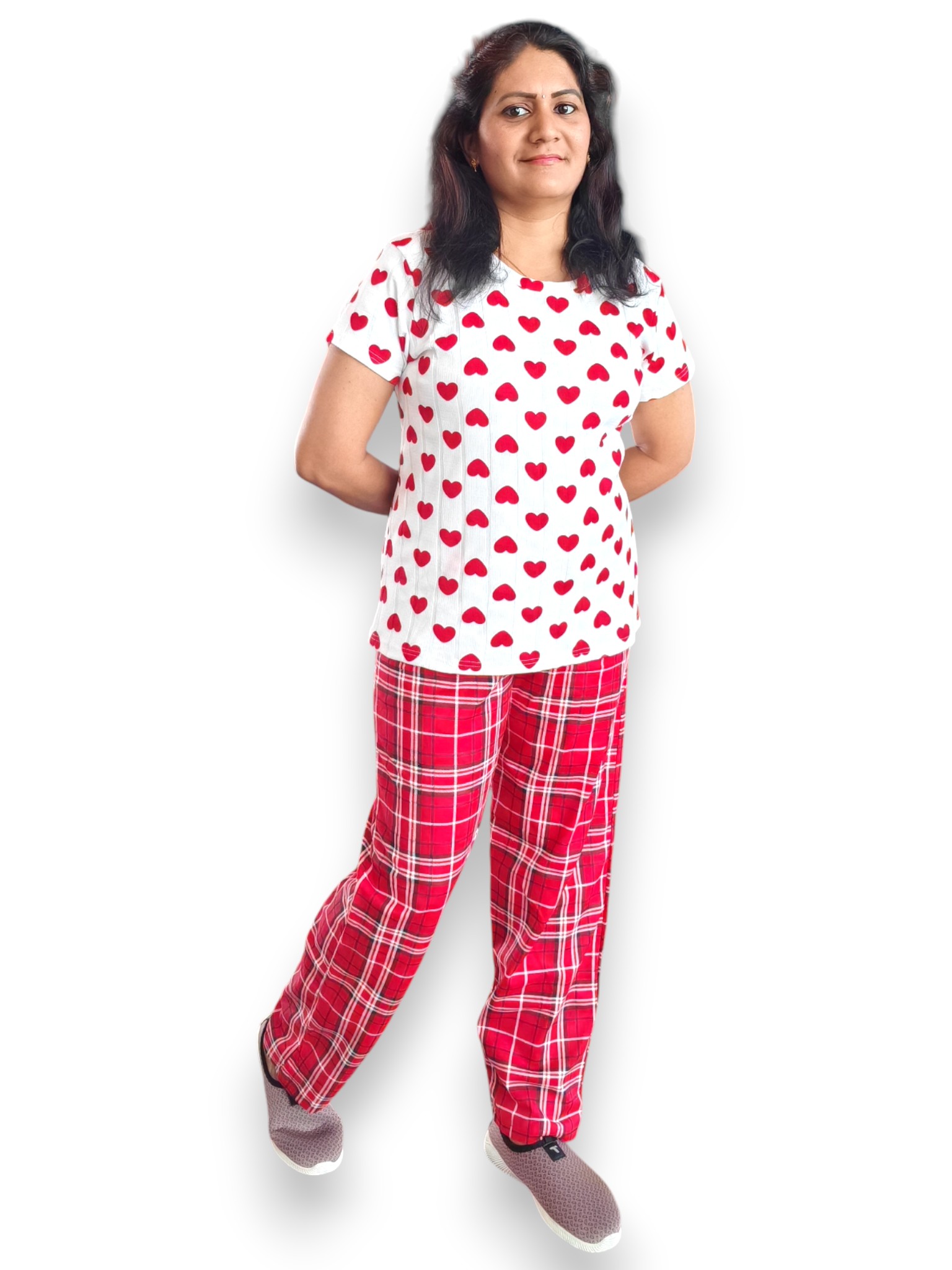 White T Shirt With Red Hearts and Red & White Checked Pants