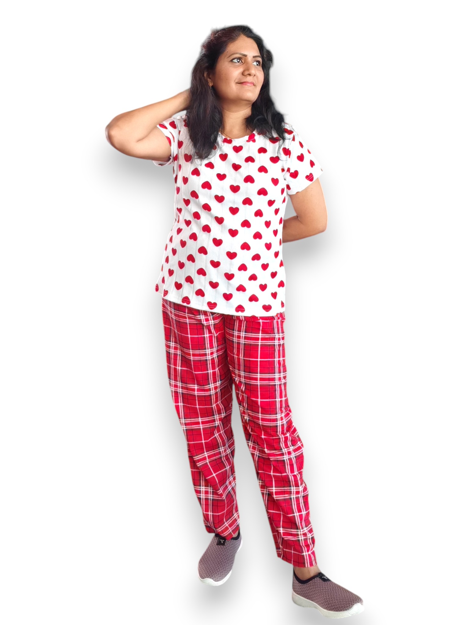 White T Shirt With Red Hearts and Red & White Checked Pants