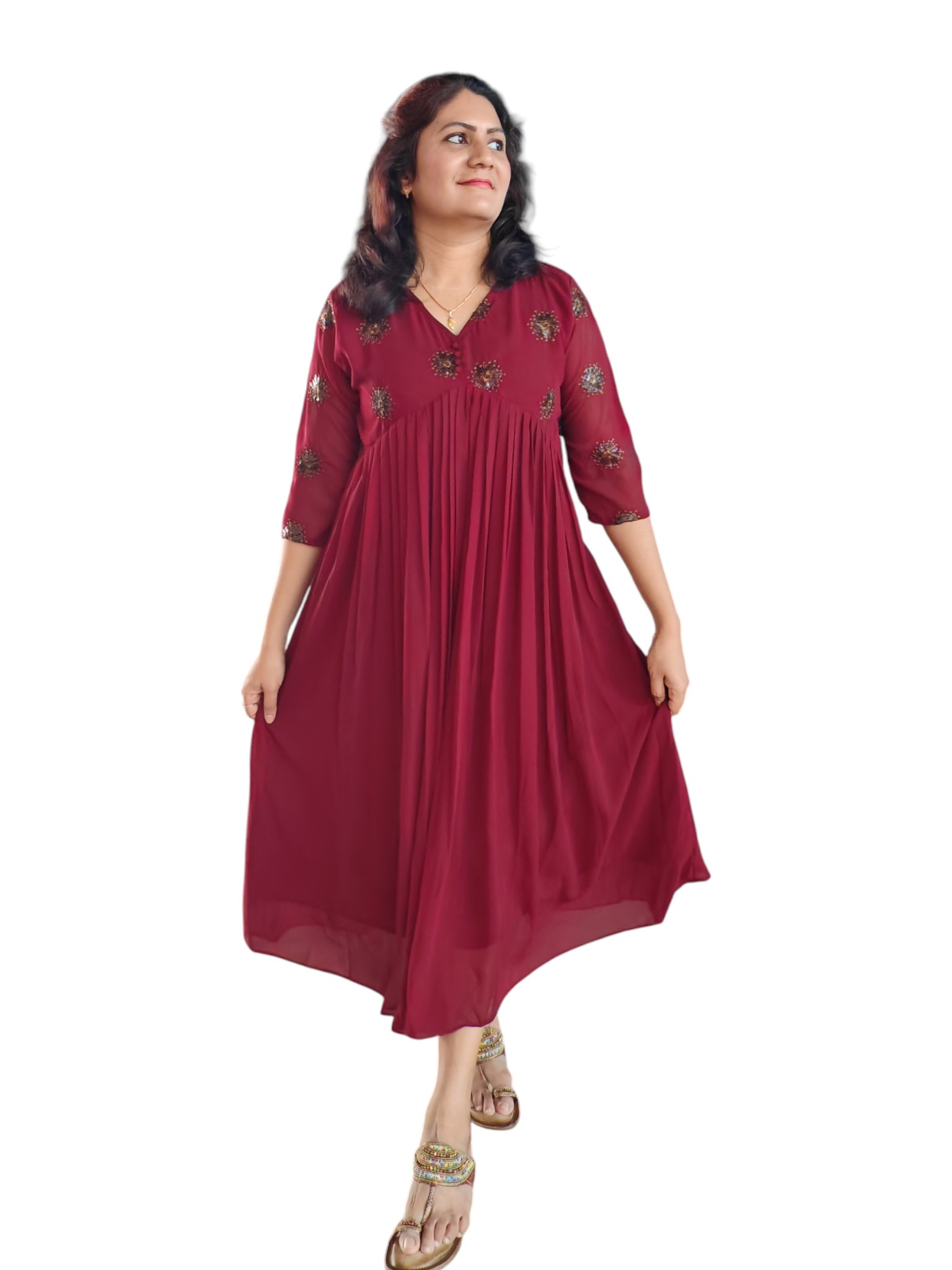 Semmalligai - A-line Georgette Designer Dress - Maroon