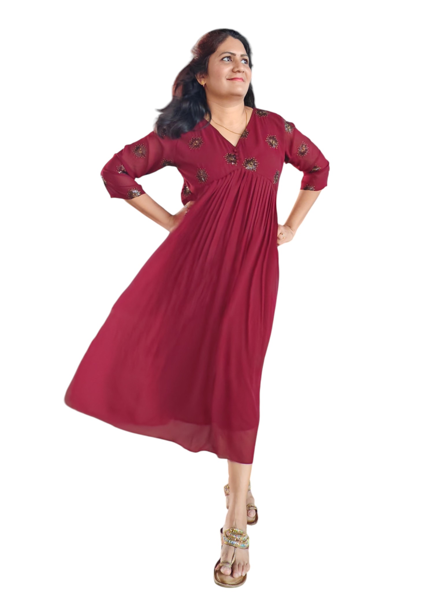 Semmalligai - A-line Georgette Designer Dress - Maroon