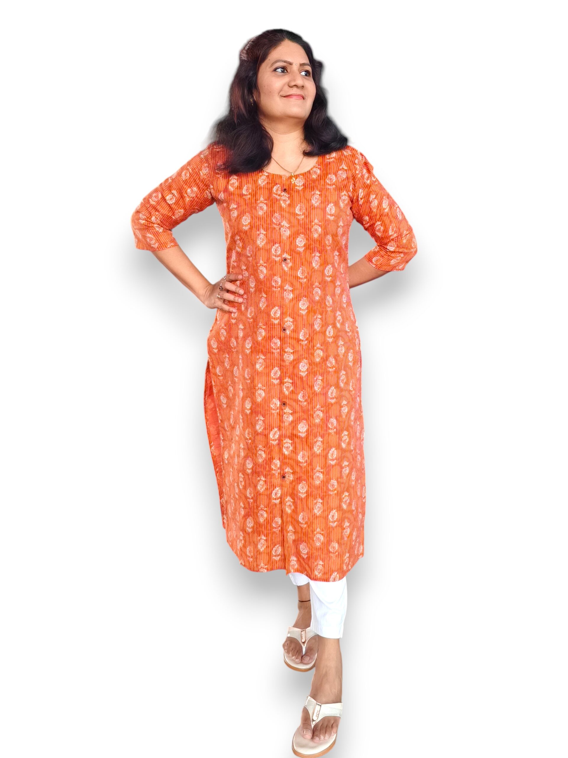 Orange Kurta - Kantha Cotton - Top Only