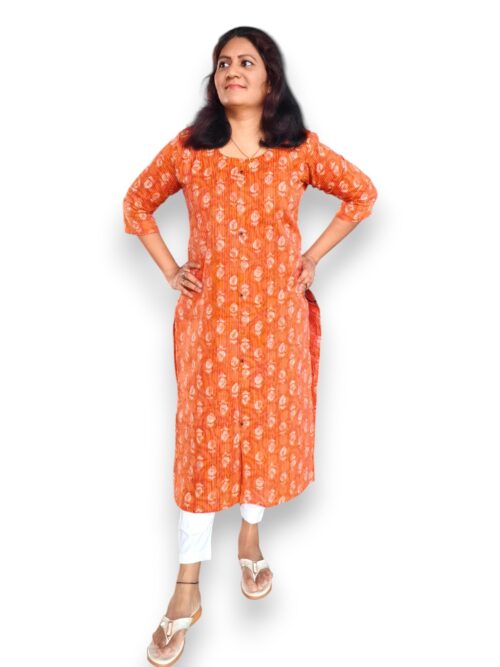 Orange Kurta - Kantha Cotton - Top Only