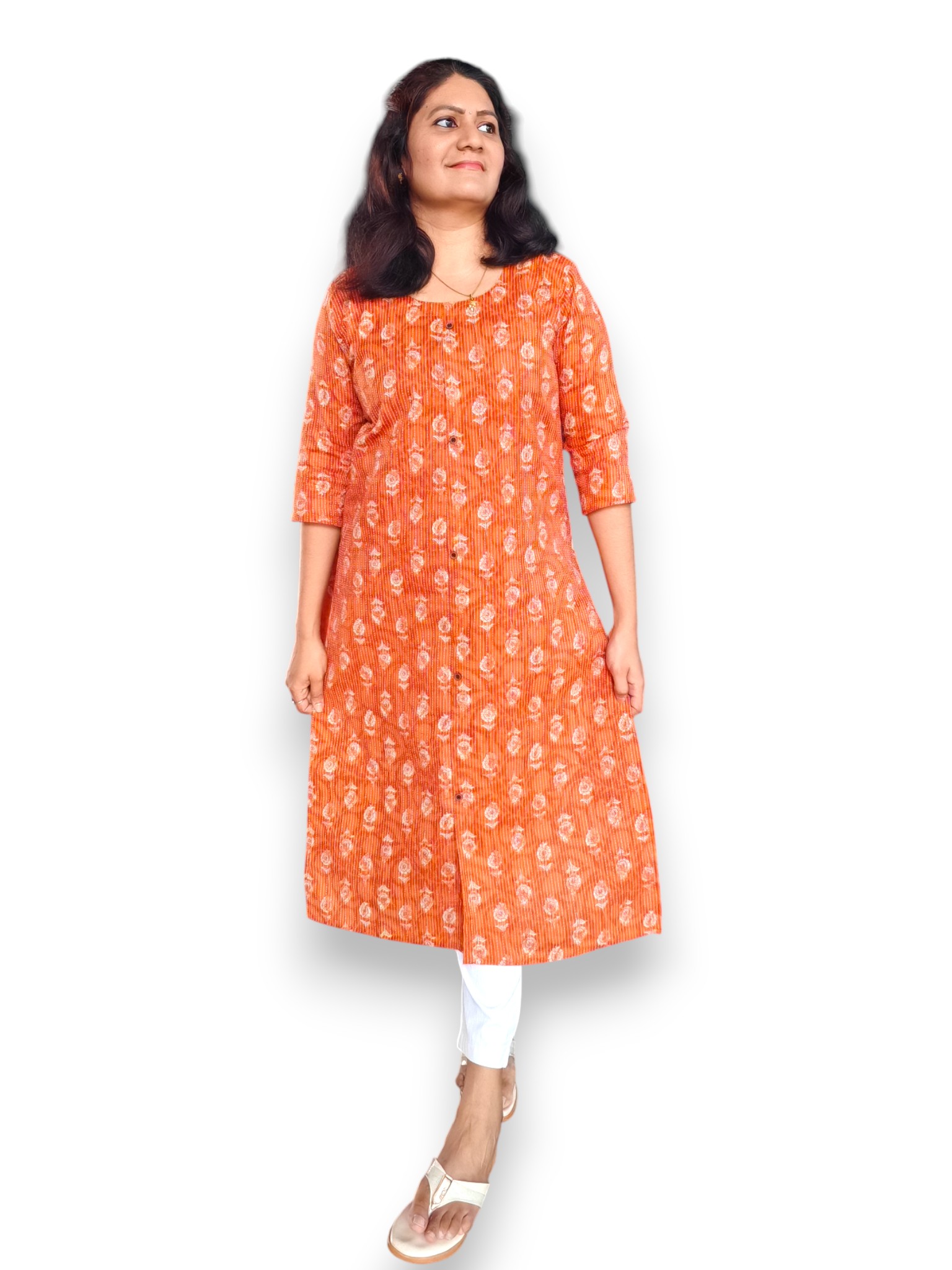 Orange Kurta - Kantha Cotton - Top Only