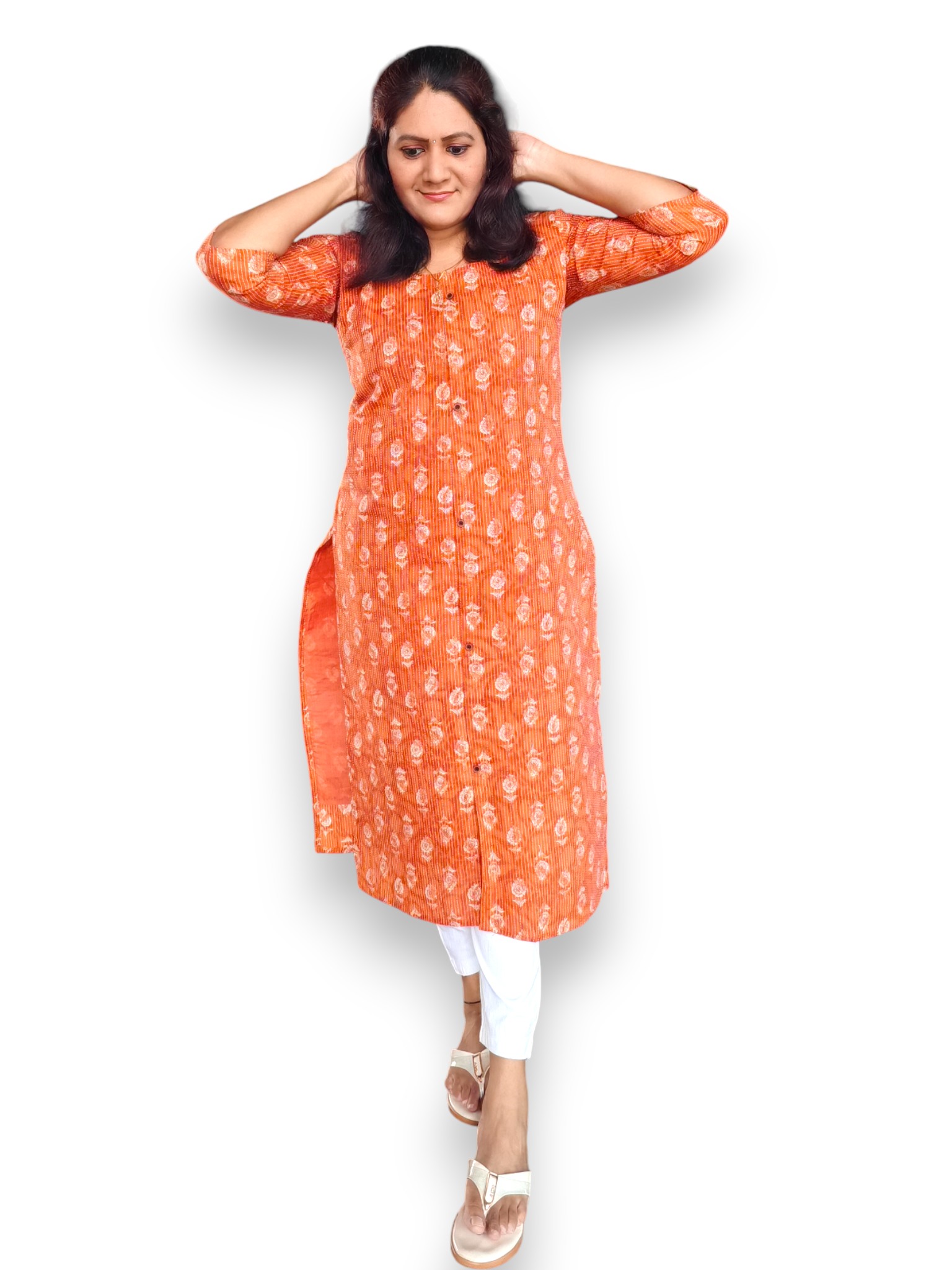 Orange Kurta - Kantha Cotton - Top Only