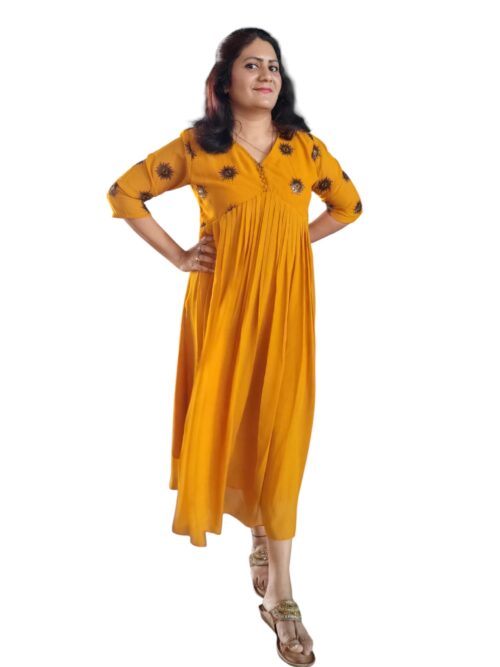 Manjal Malligai - A-line Georgette Designer Dress - Mustard Yellow