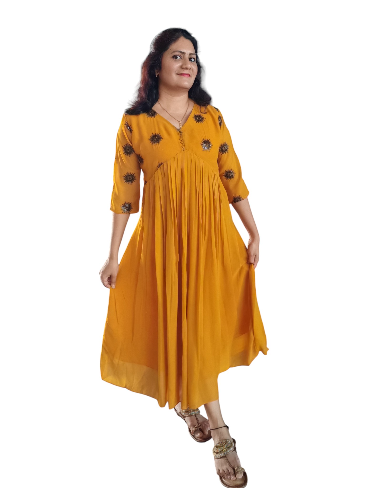 Manjal Malligai - A-line Georgette Designer Dress - Mustard Yellow