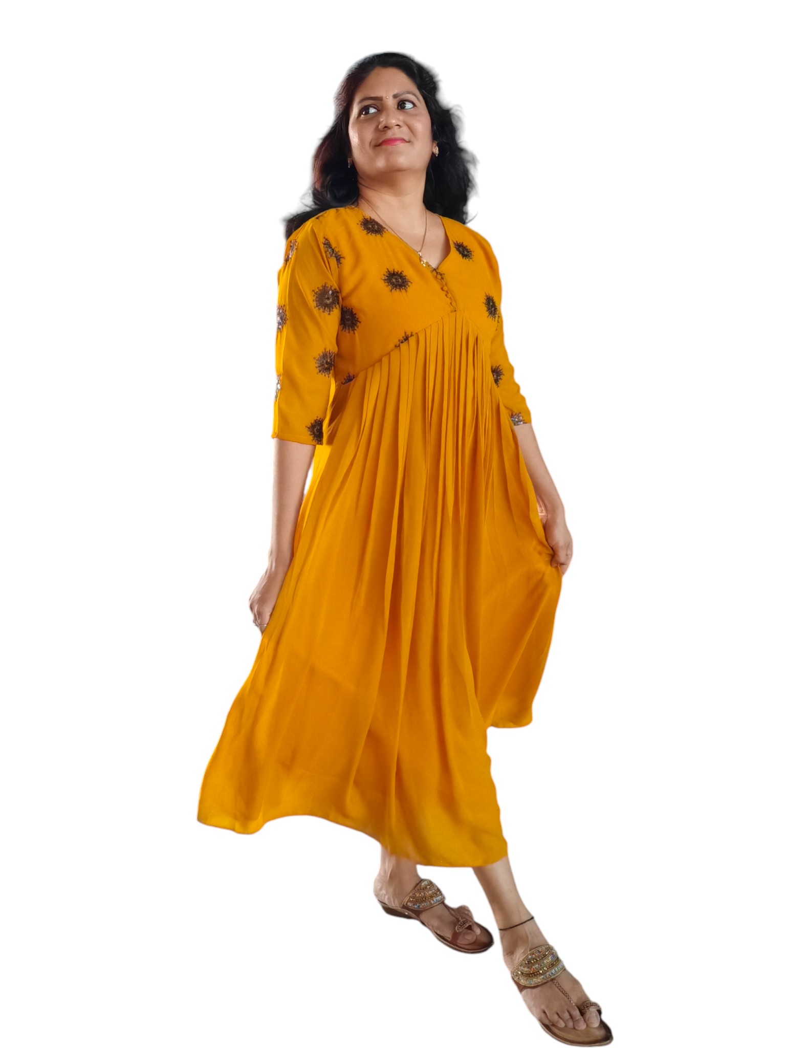 Manjal Malligai - A-line Georgette Designer Dress - Mustard Yellow